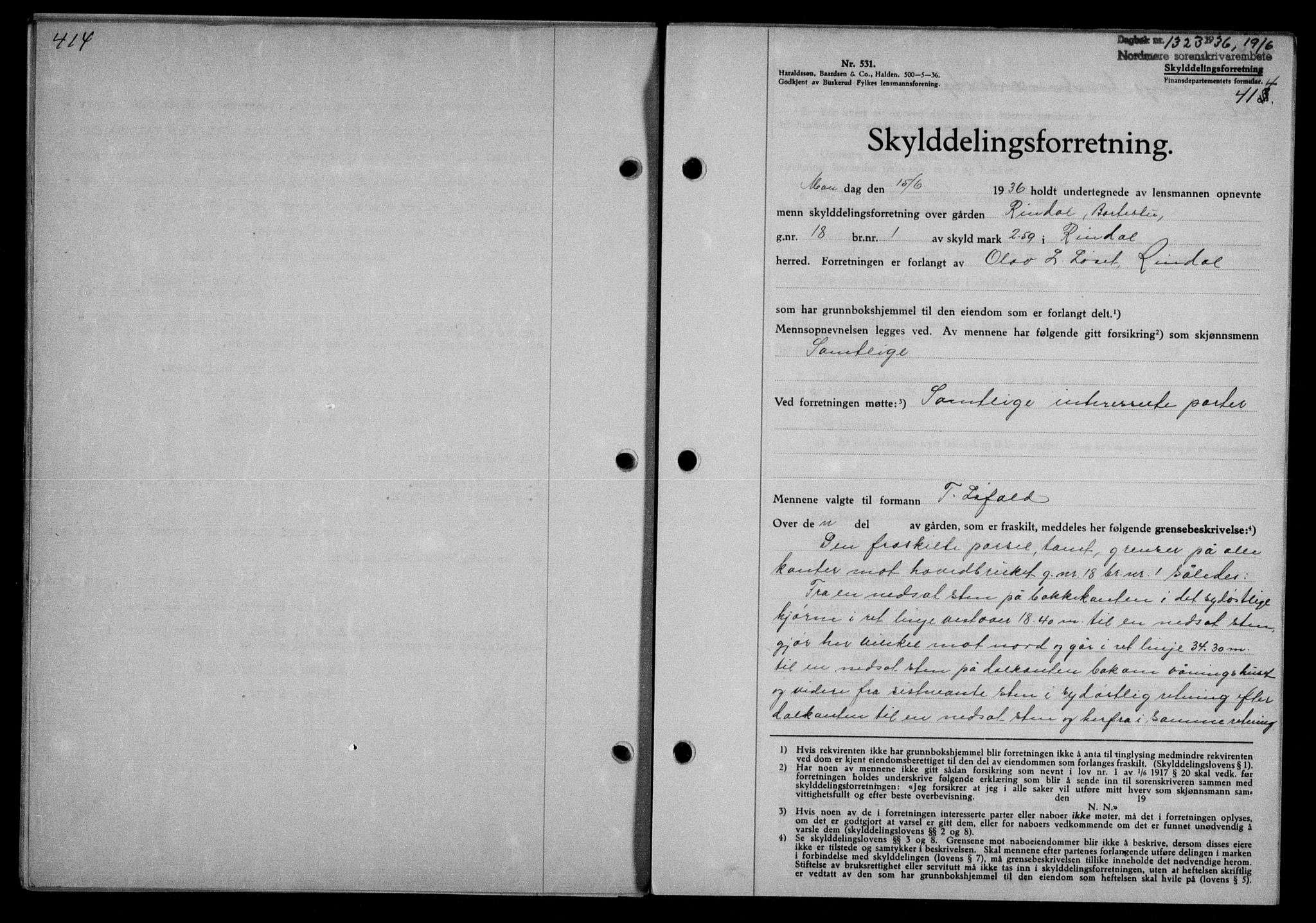 Nordmøre sorenskriveri, AV/SAT-A-4132/1/2/2Ca/L0088: Mortgage book no. 78, 1936-1936, Diary no: : 1323/1936