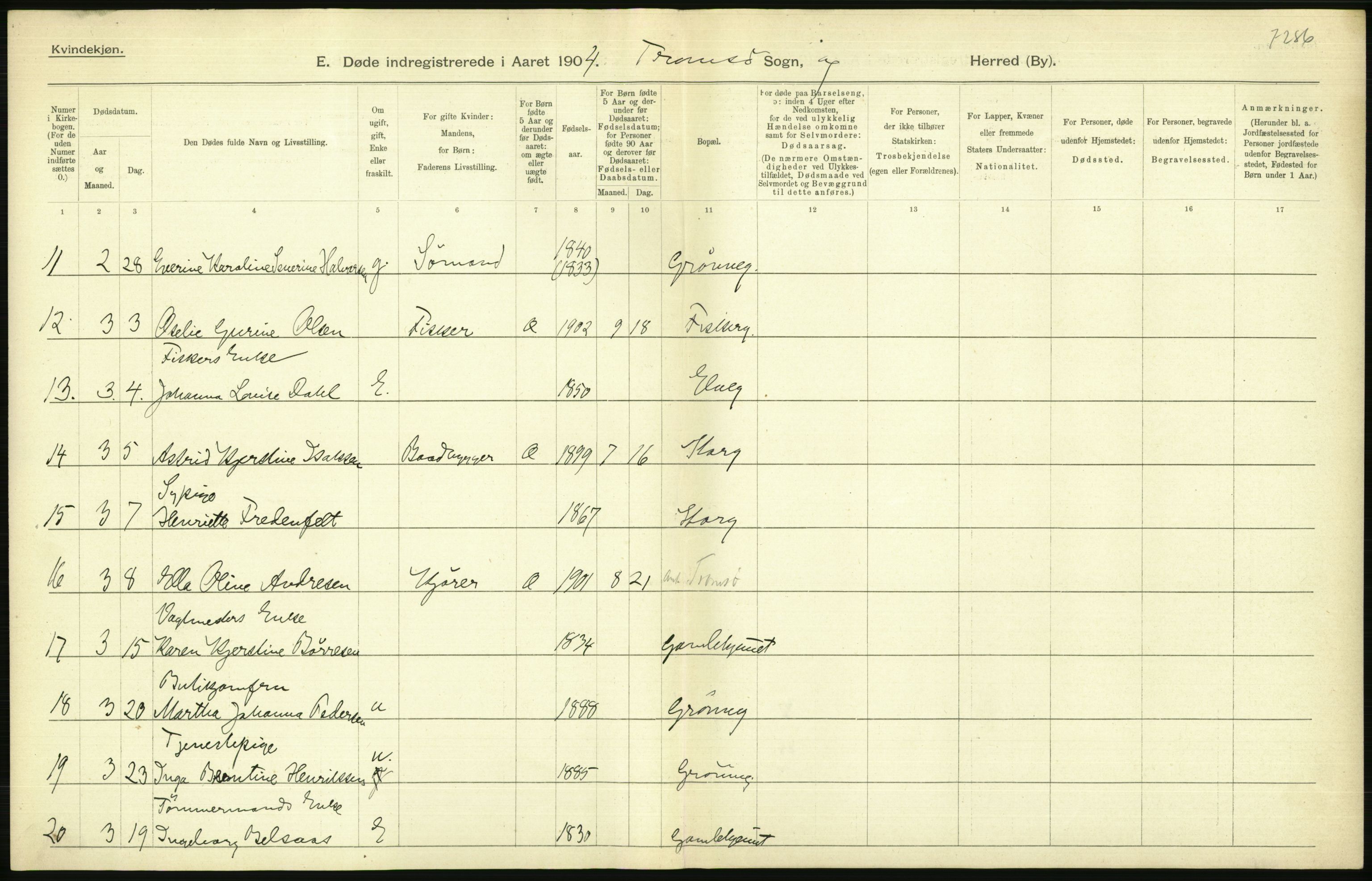 Statistisk sentralbyrå, Sosiodemografiske emner, Befolkning, RA/S-2228/D/Df/Dfa/Dfab/L0022: Tromsø amt: Fødte, gifte, døde, 1904, p. 526