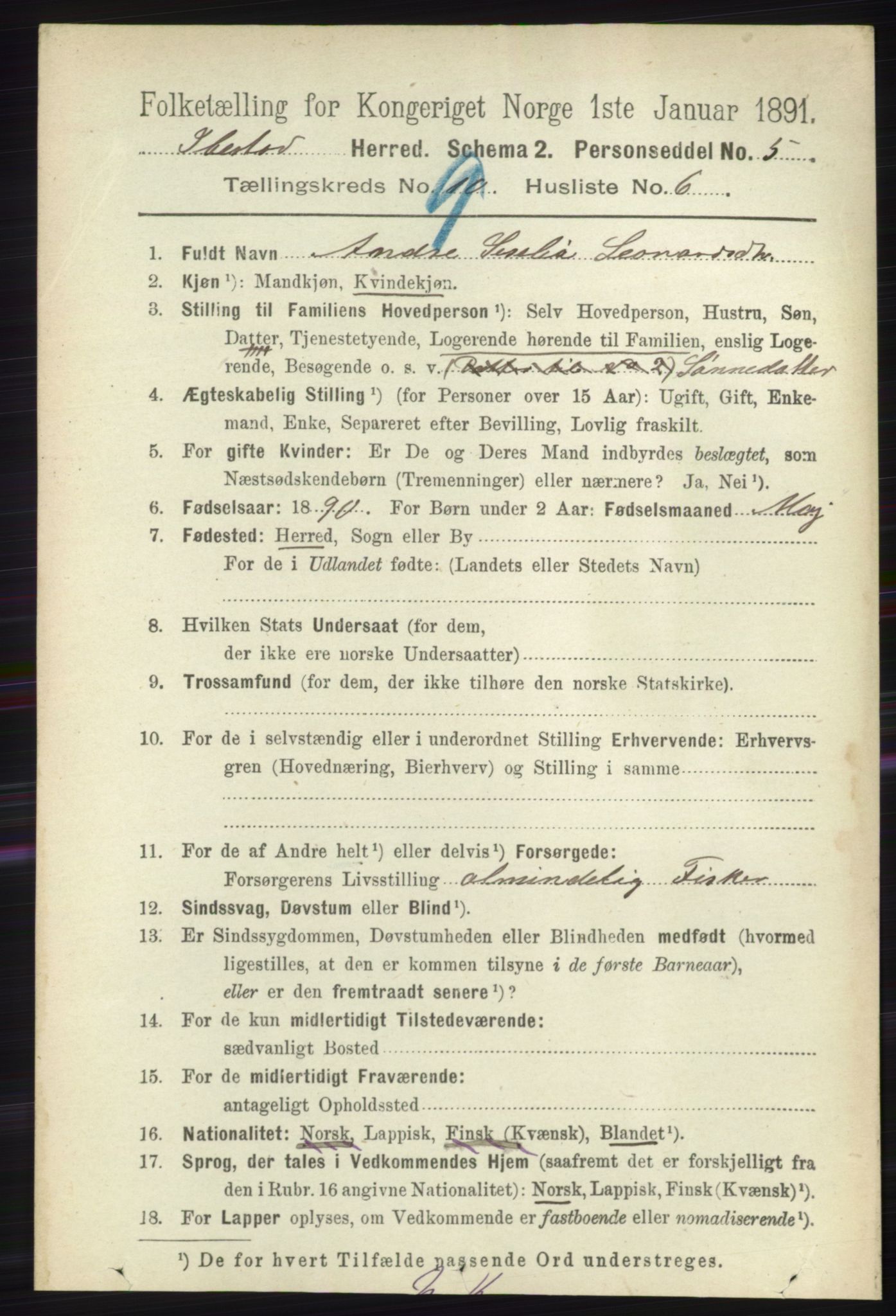 RA, 1891 census for 1917 Ibestad, 1891, p. 6020