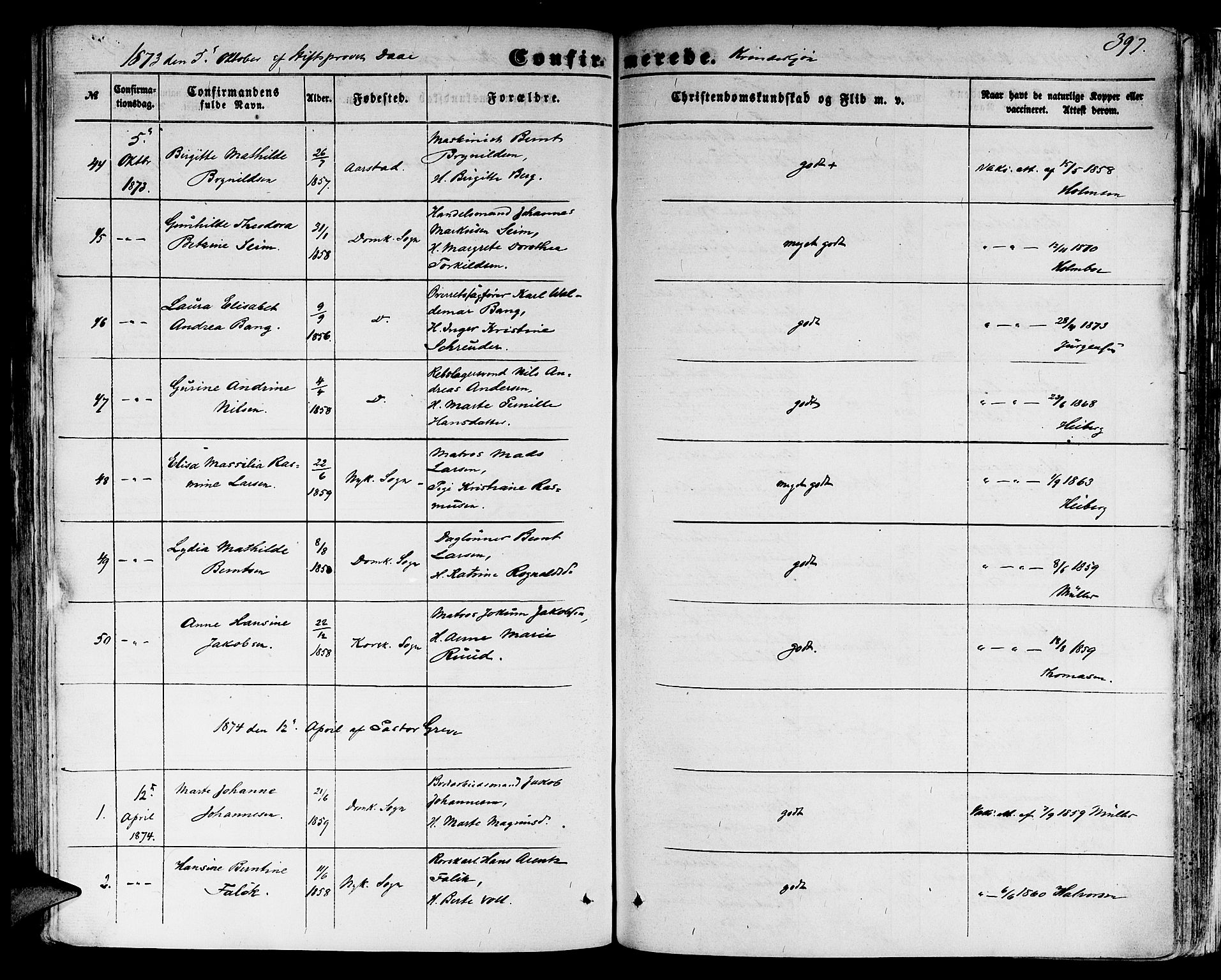 Domkirken sokneprestembete, SAB/A-74801/H/Hab/L0023: Parish register (copy) no. C 3, 1854-1880, p. 397