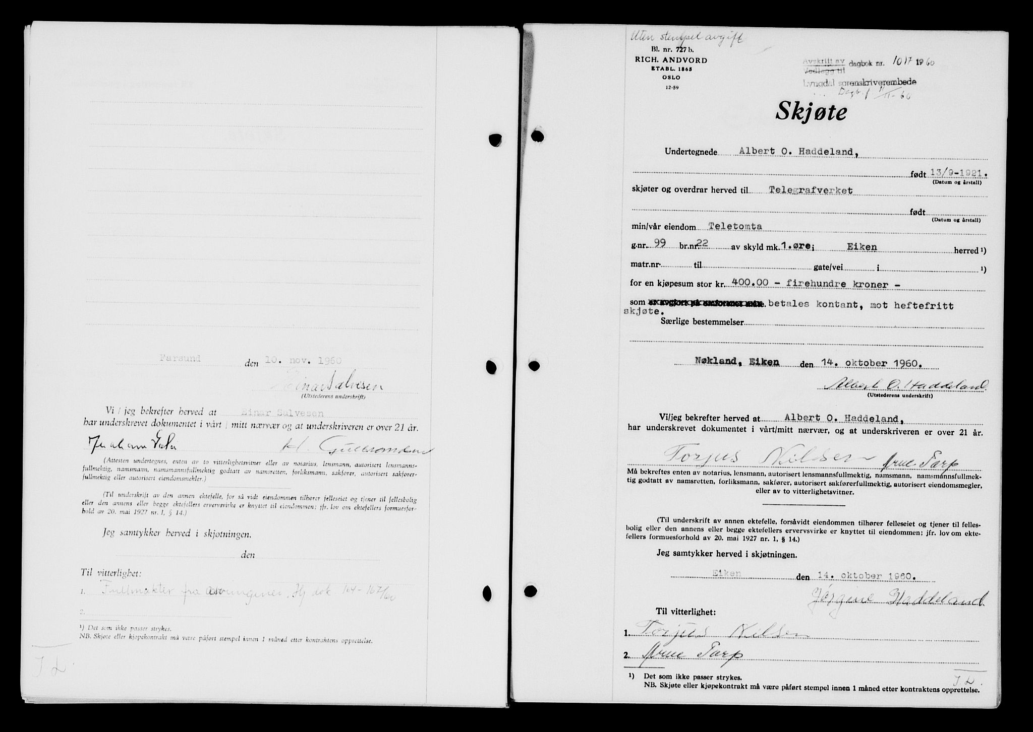 Lyngdal sorenskriveri, AV/SAK-1221-0004/G/Gb/L0680: Mortgage book no. A XXVI, 1960-1960, Diary no: : 1017/1960