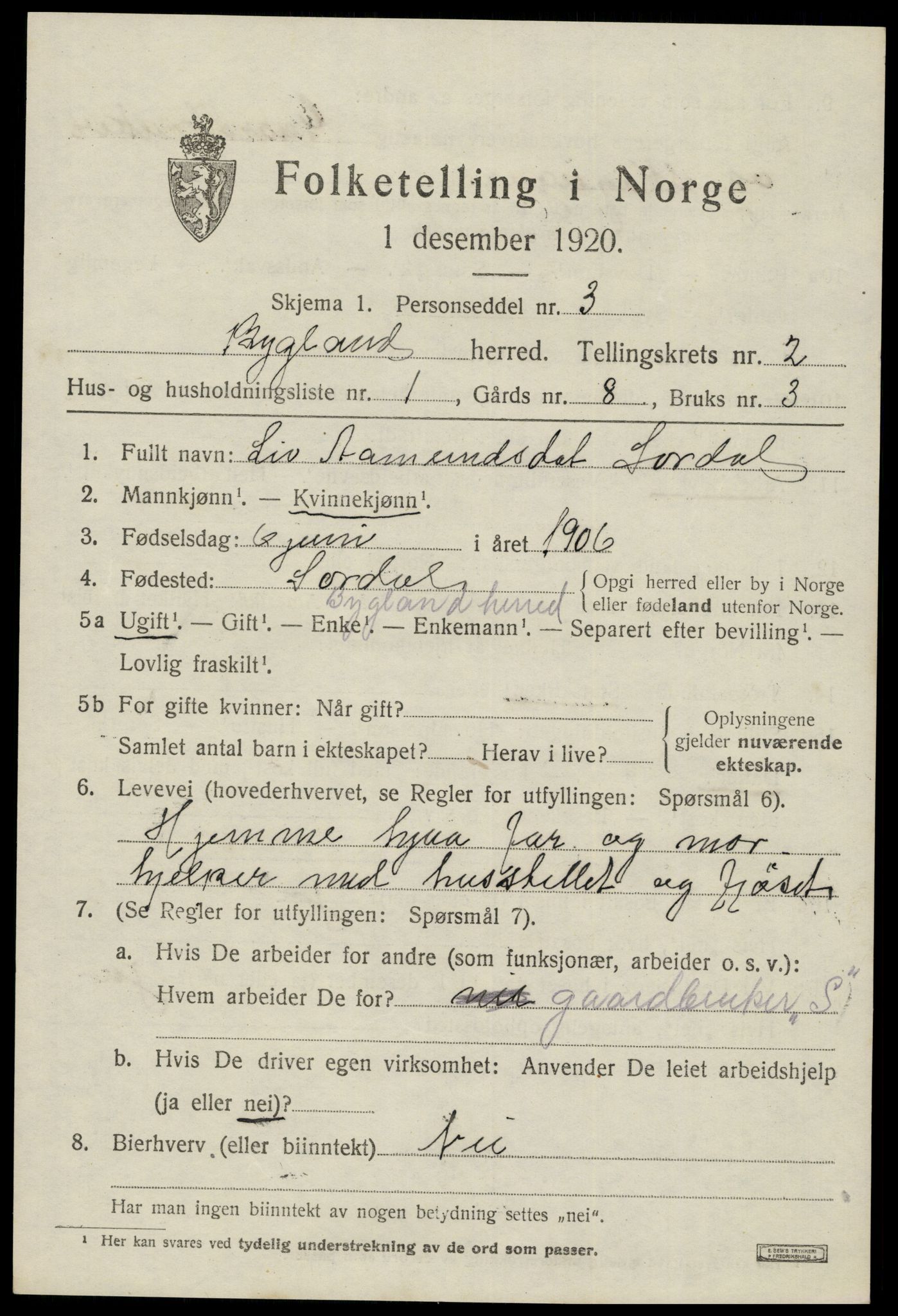 SAK, 1920 census for Bygland, 1920, p. 1093