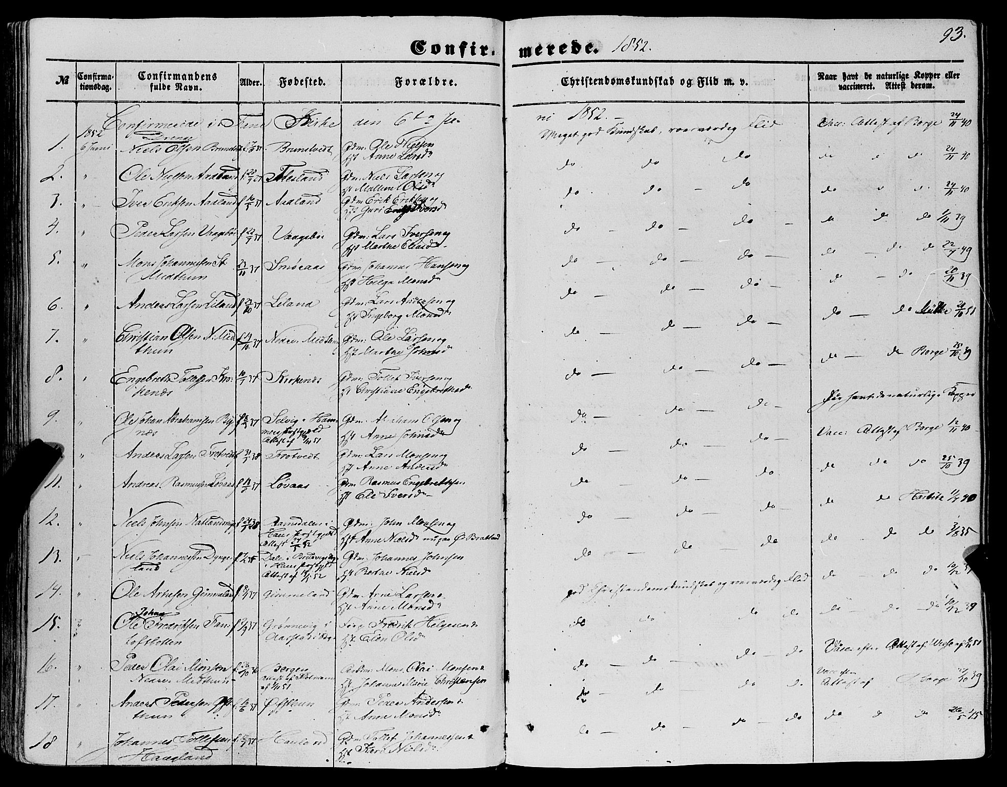 Fana Sokneprestembete, SAB/A-75101/H/Haa/Haaa/L0011: Parish register (official) no. A 11, 1851-1862, p. 93