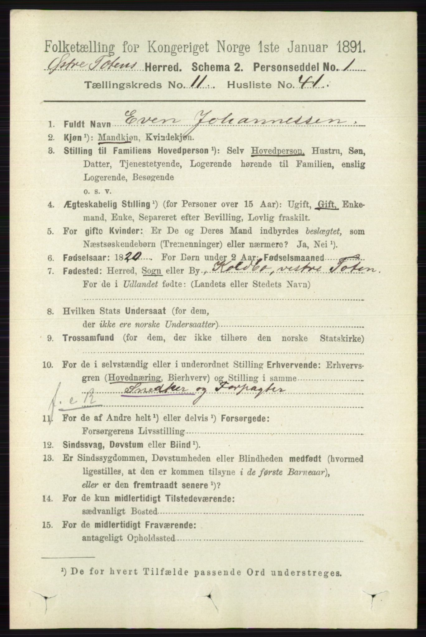 RA, 1891 census for 0528 Østre Toten, 1891, p. 7164