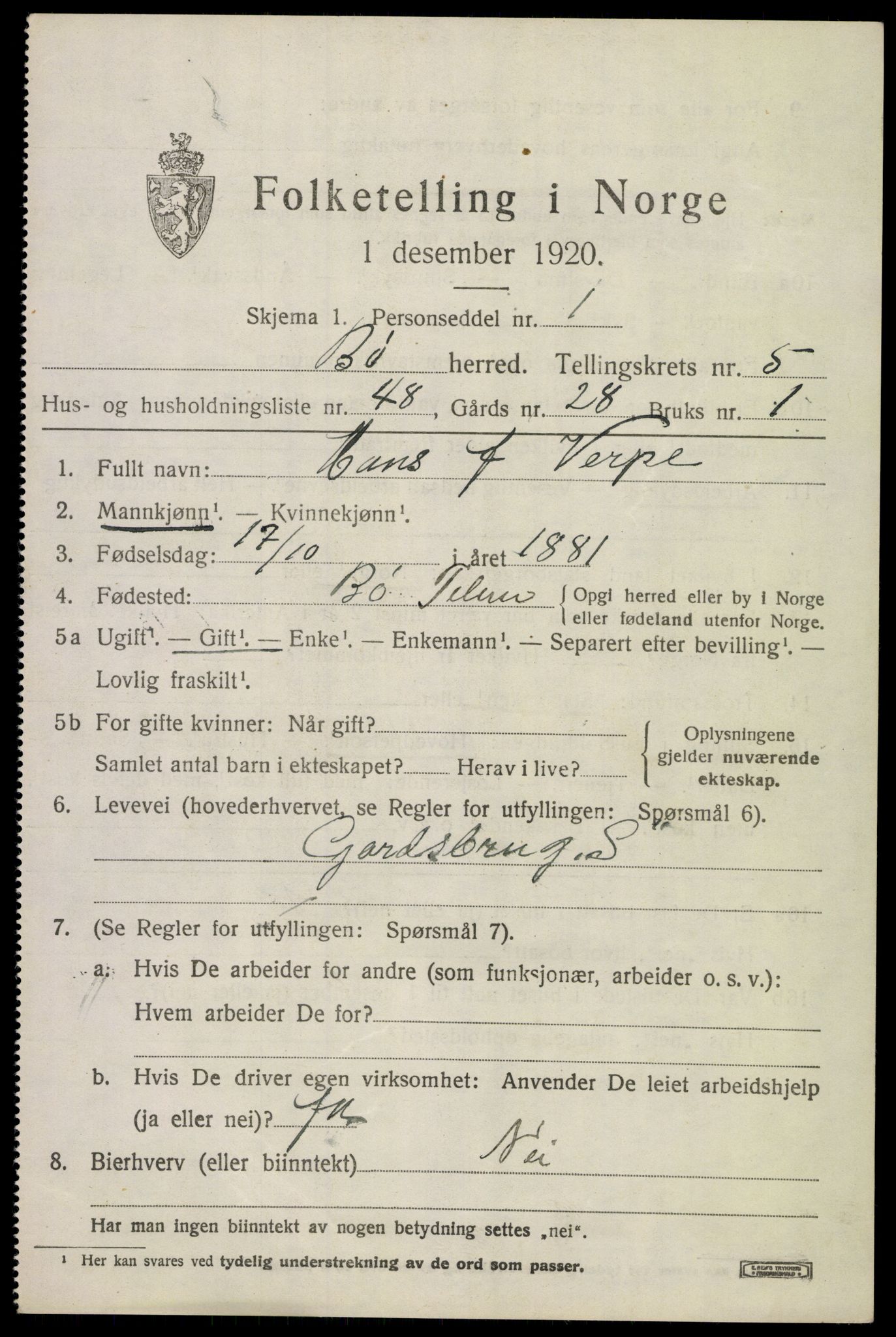 SAKO, 1920 census for Bø (Telemark), 1920, p. 4198