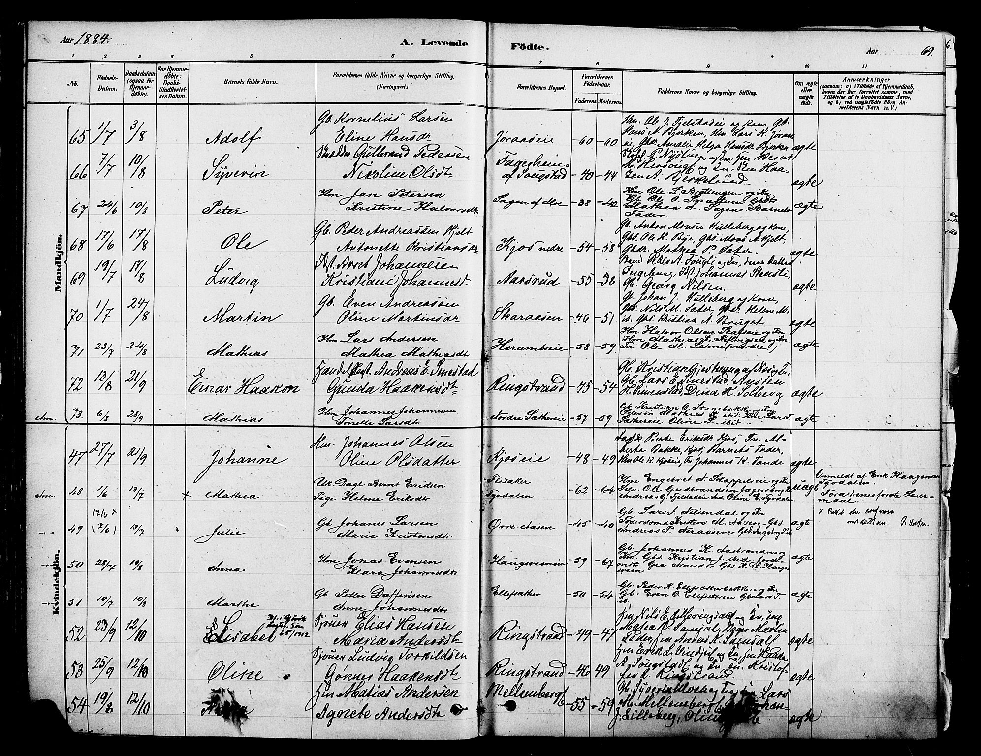 Ringsaker prestekontor, AV/SAH-PREST-014/K/Ka/L0012: Parish register (official) no. 12, 1879-1890, p. 69