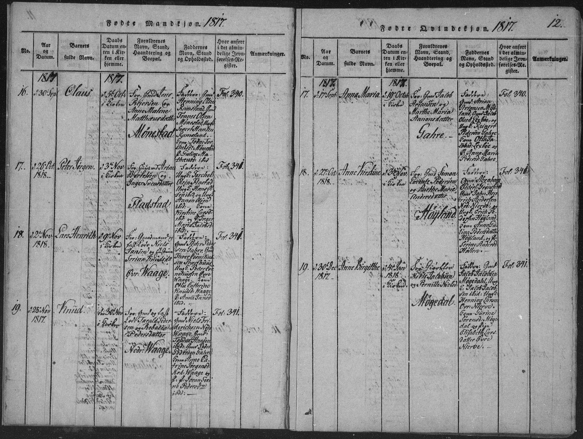 Sør-Audnedal sokneprestkontor, SAK/1111-0039/F/Fa/Faa/L0001: Parish register (official) no. A 1, 1816-1848, p. 12