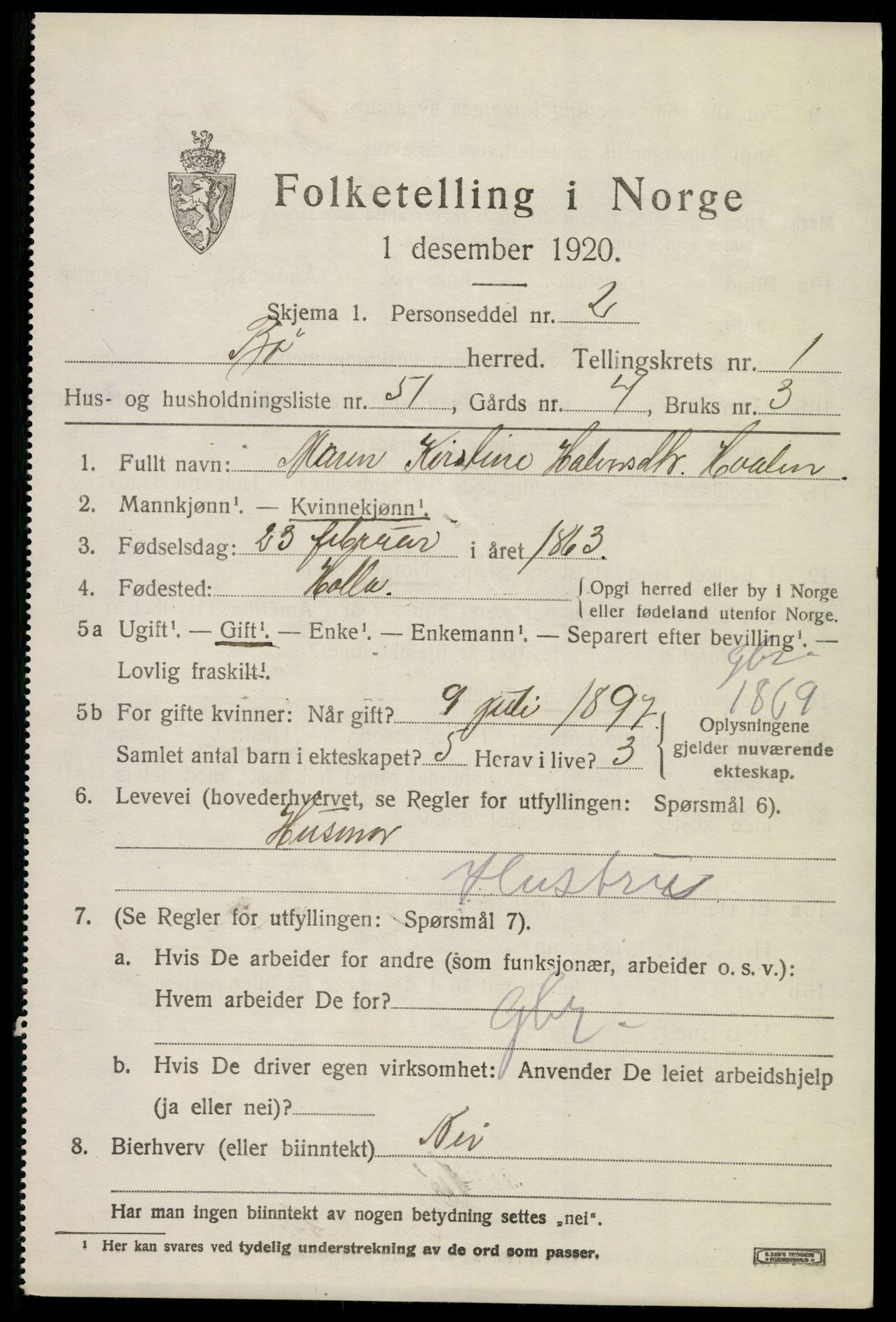 SAKO, 1920 census for Bø (Telemark), 1920, p. 1758