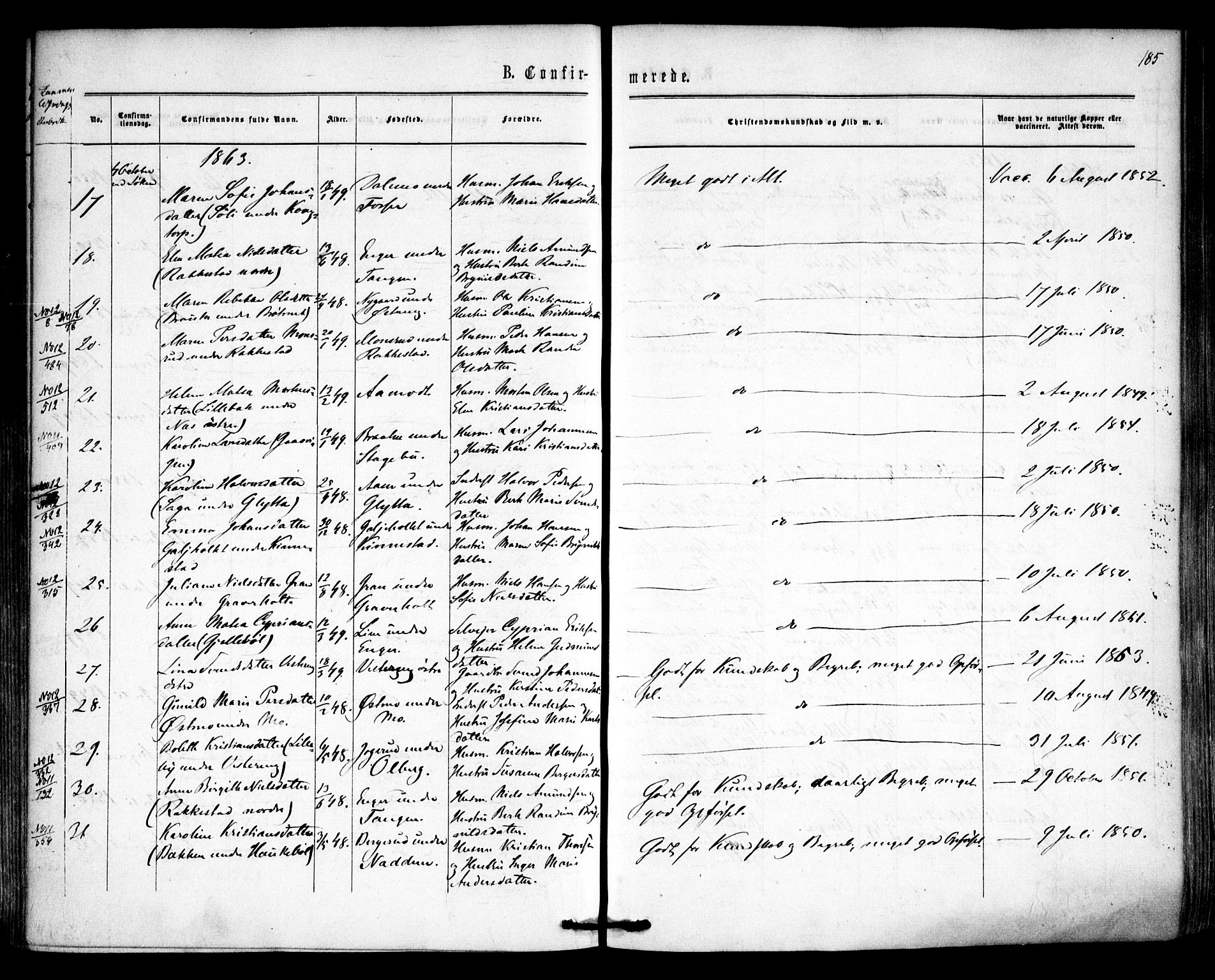 Høland prestekontor Kirkebøker, SAO/A-10346a/F/Fa/L0011: Parish register (official) no. I 11, 1862-1869, p. 185