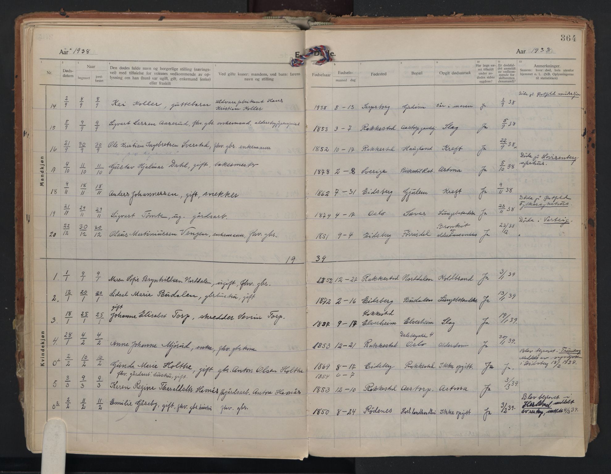 Rakkestad prestekontor Kirkebøker, AV/SAO-A-2008/F/Fa/L0016: Parish register (official) no. I 16, 1922-1943, p. 364