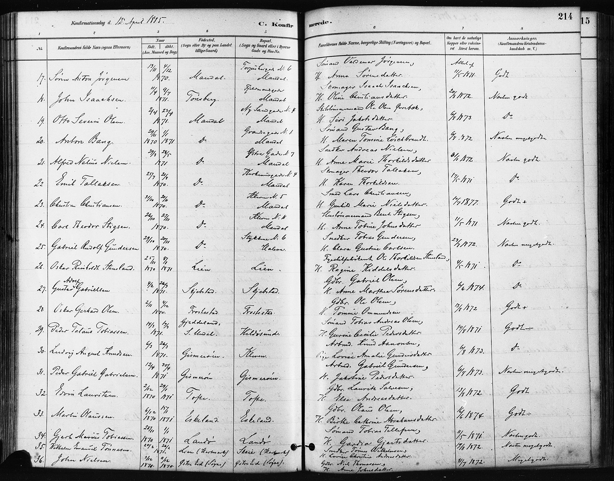 Mandal sokneprestkontor, SAK/1111-0030/F/Fa/Faa/L0016: Parish register (official) no. A 16, 1880-1890, p. 214