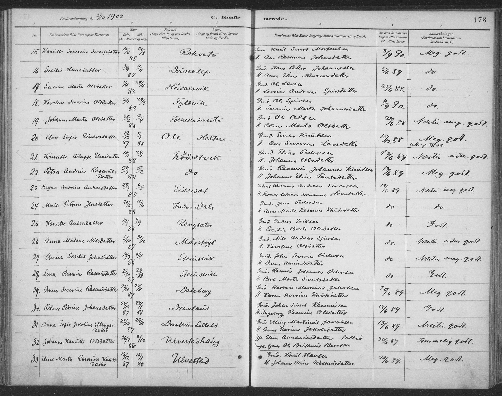 Ministerialprotokoller, klokkerbøker og fødselsregistre - Møre og Romsdal, AV/SAT-A-1454/511/L0142: Parish register (official) no. 511A09, 1891-1905, p. 173