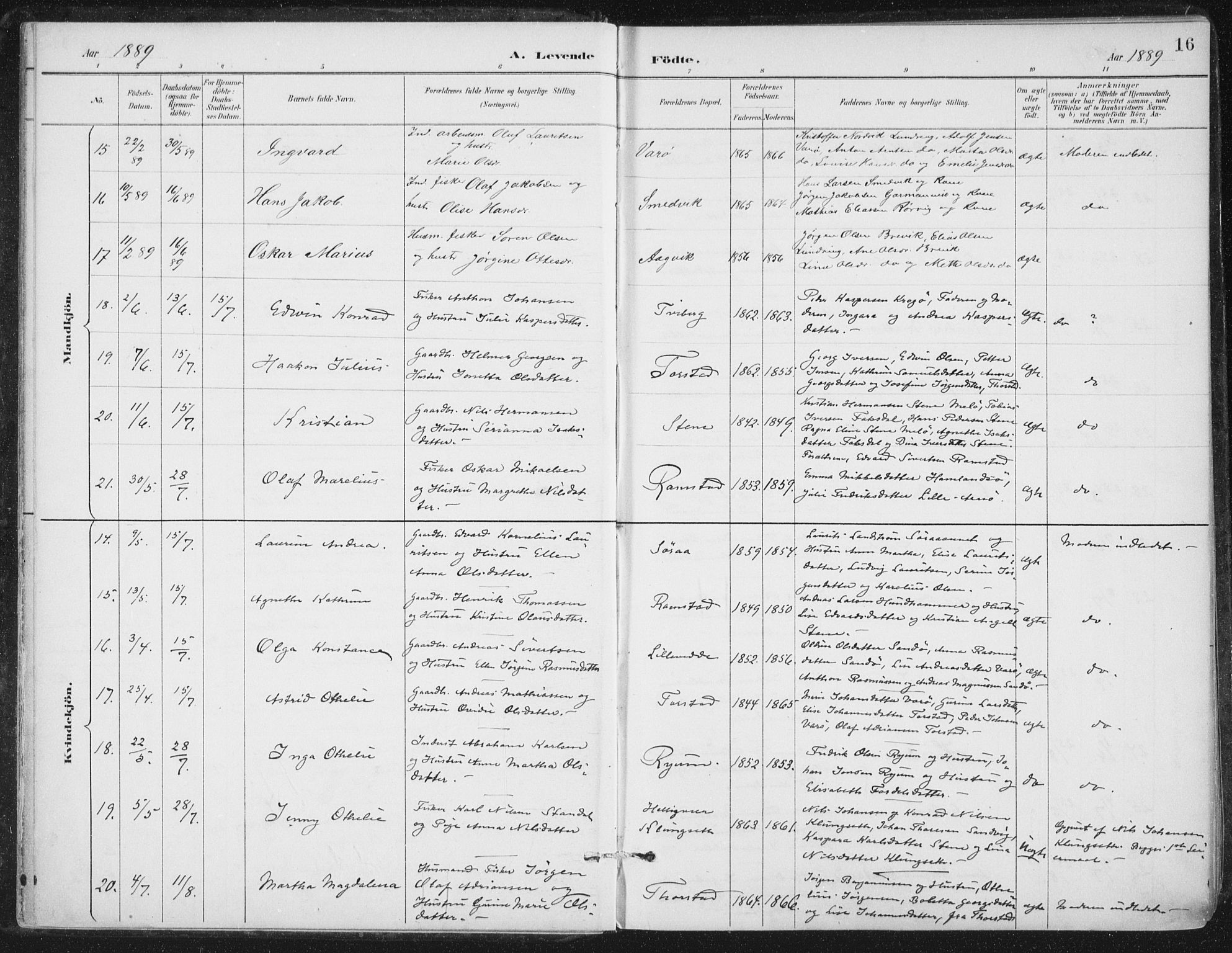 Ministerialprotokoller, klokkerbøker og fødselsregistre - Nord-Trøndelag, SAT/A-1458/784/L0673: Parish register (official) no. 784A08, 1888-1899, p. 16