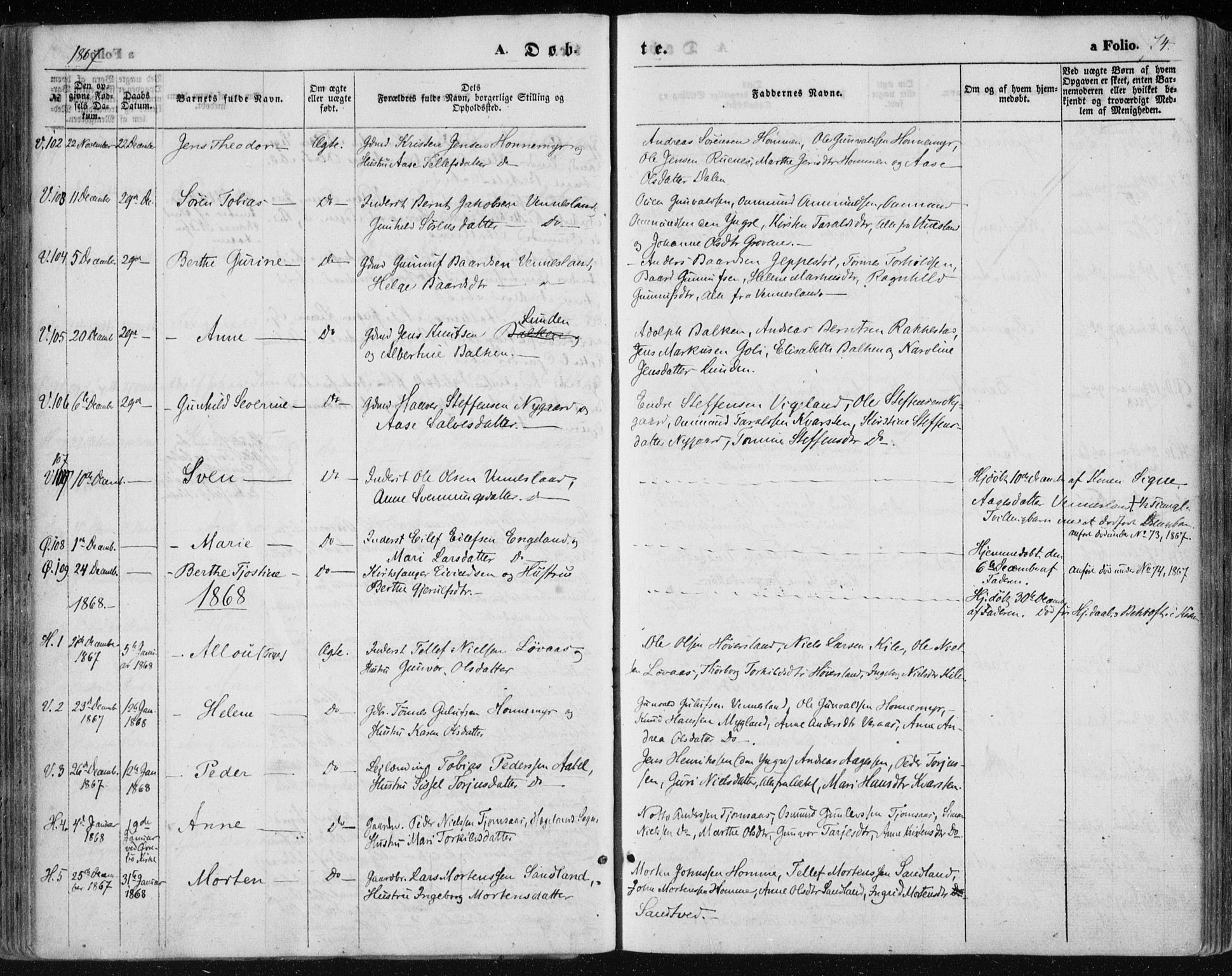 Vennesla sokneprestkontor, AV/SAK-1111-0045/Fa/Fac/L0007: Parish register (official) no. A 7, 1855-1873, p. 74