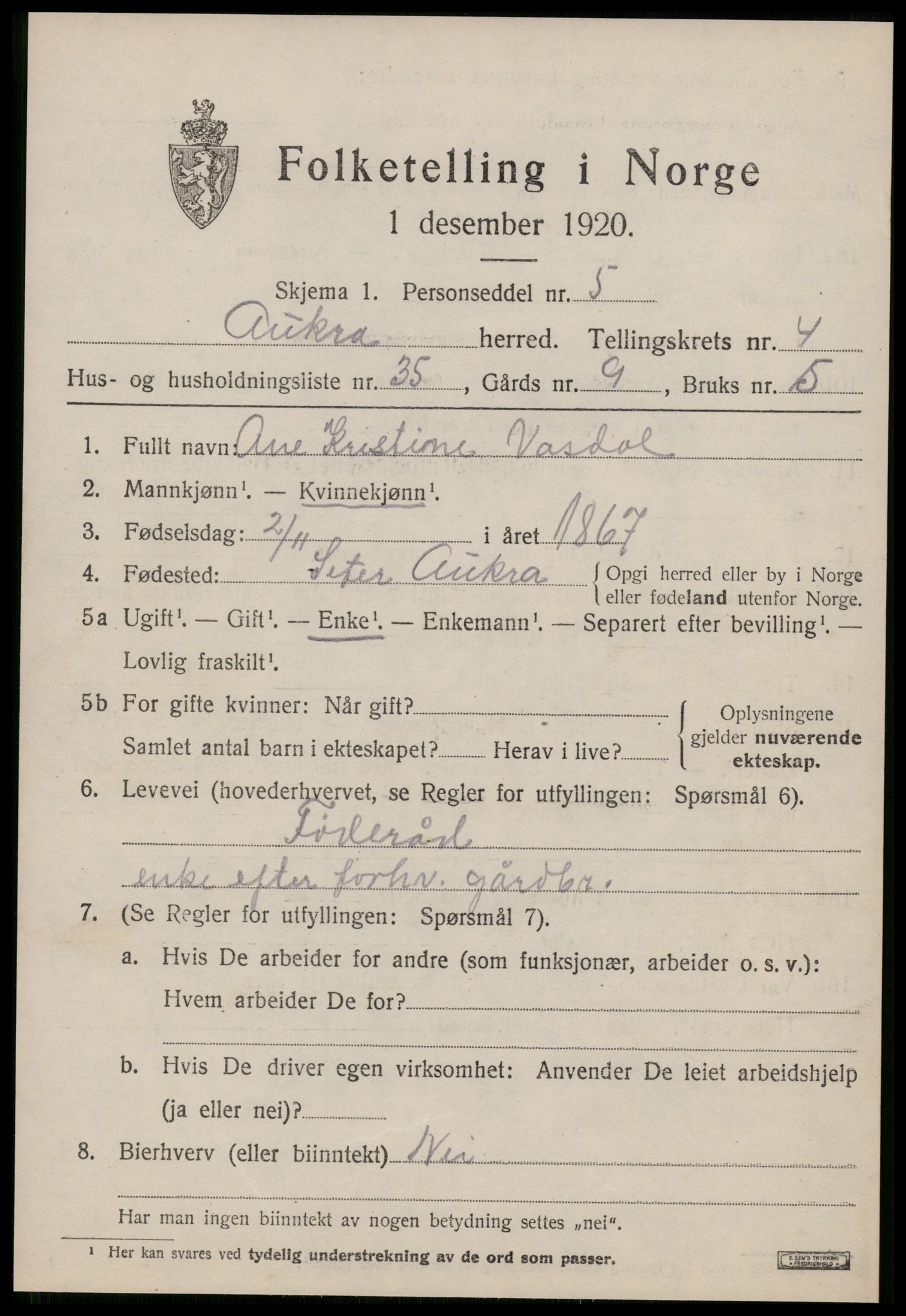 SAT, 1920 census for Aukra, 1920, p. 3197