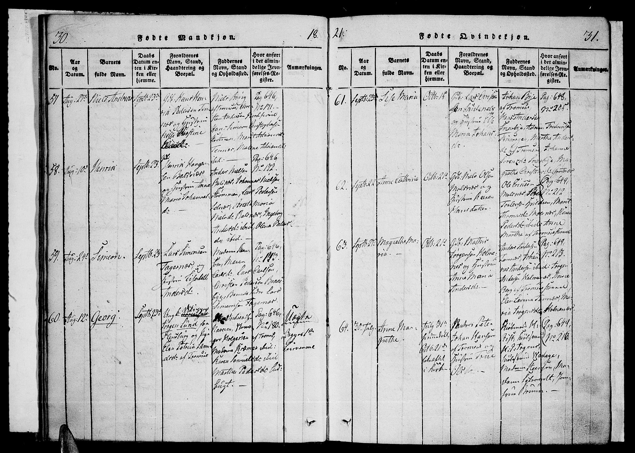 Tromsø sokneprestkontor/stiftsprosti/domprosti, SATØ/S-1343/G/Ga/L0007kirke: Parish register (official) no. 7, 1821-1828, p. 30-31