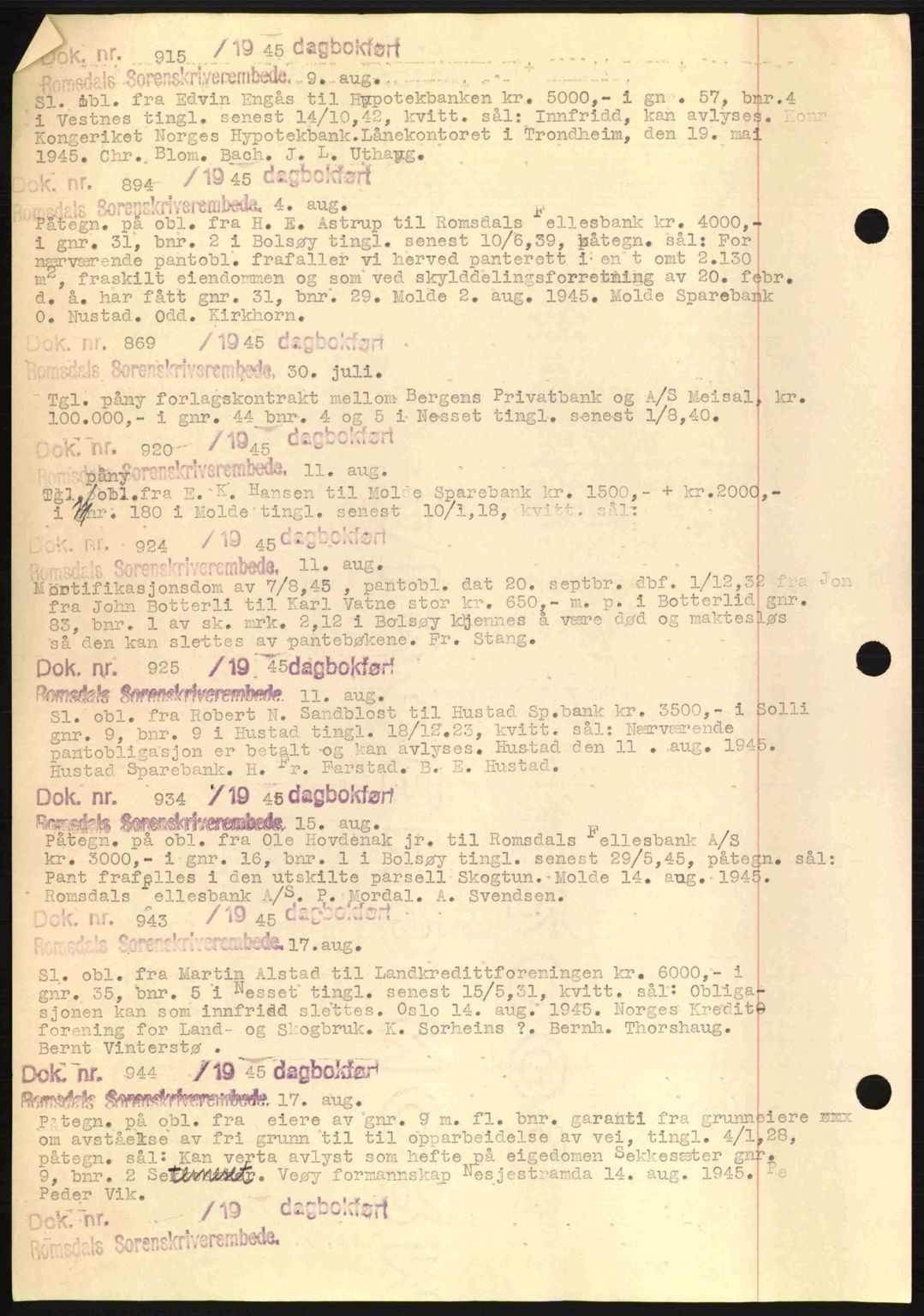 Romsdal sorenskriveri, AV/SAT-A-4149/1/2/2C: Mortgage book no. C1a, 1936-1945, Diary no: : 915/1945