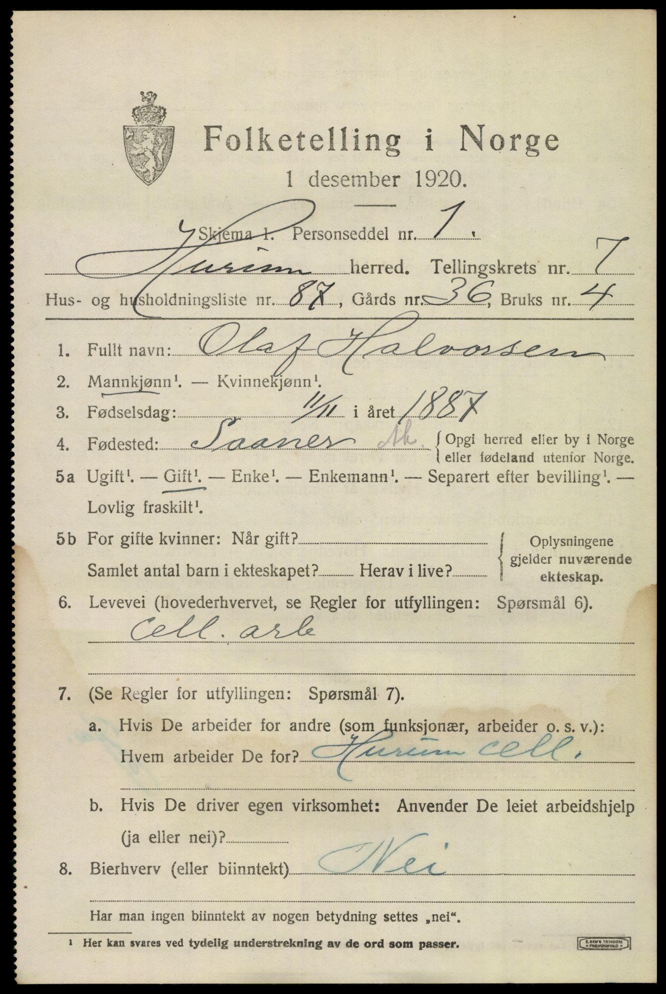 SAKO, 1920 census for Hurum, 1920, p. 10090