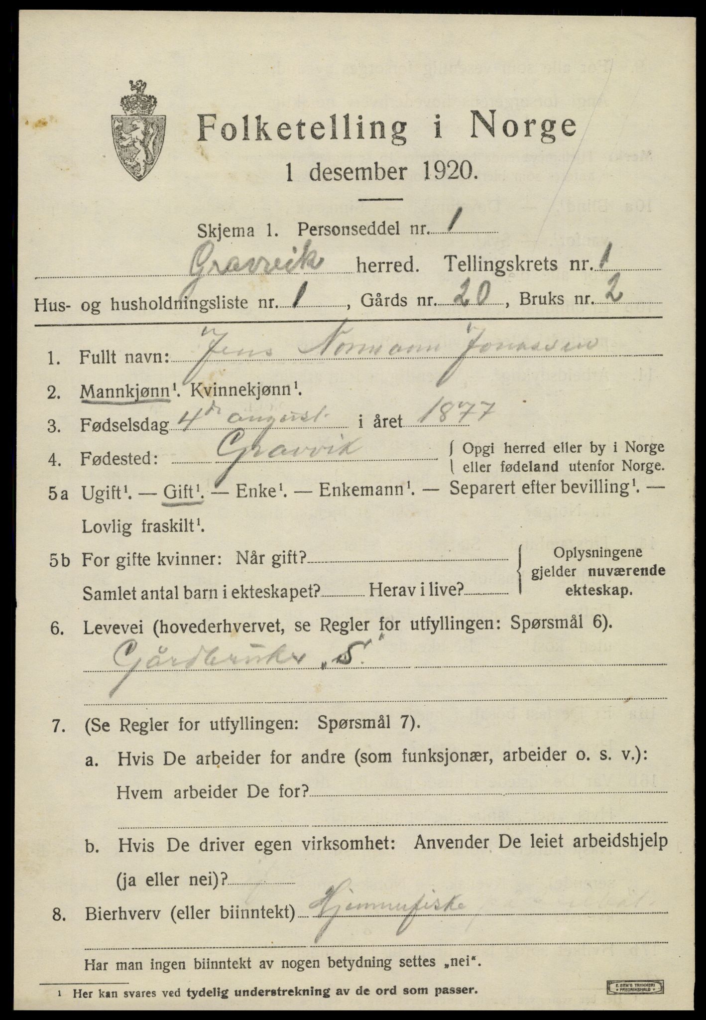 SAT, 1920 census for Gravvik, 1920, p. 308