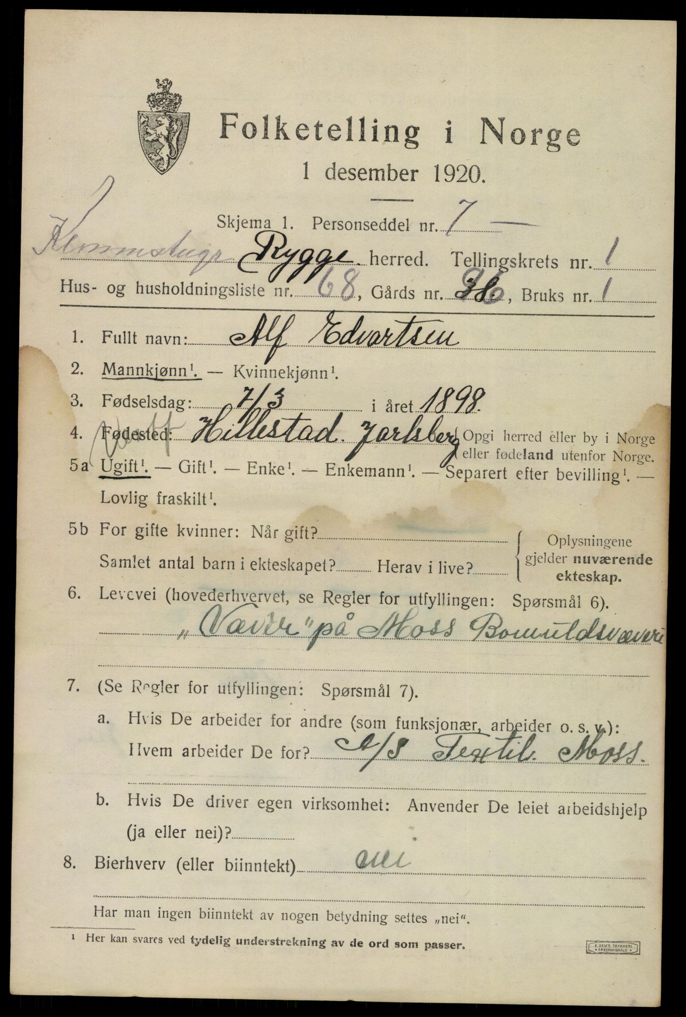 SAO, 1920 census for Rygge, 1920, p. 2955