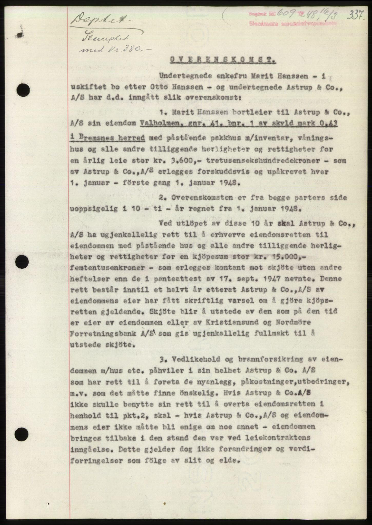 Nordmøre sorenskriveri, AV/SAT-A-4132/1/2/2Ca: Mortgage book no. B98, 1948-1948, Diary no: : 609/1948