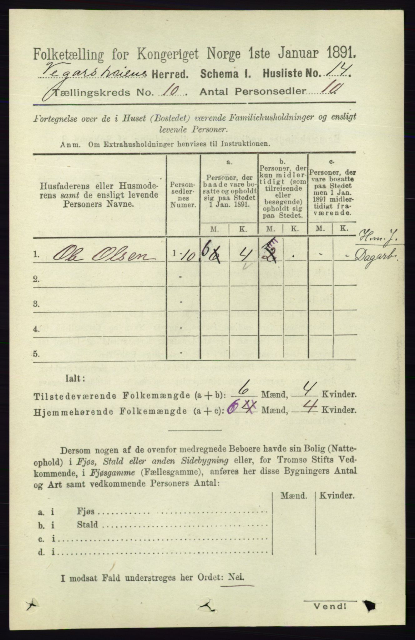 RA, 1891 census for 0912 Vegårshei, 1891, p. 1892