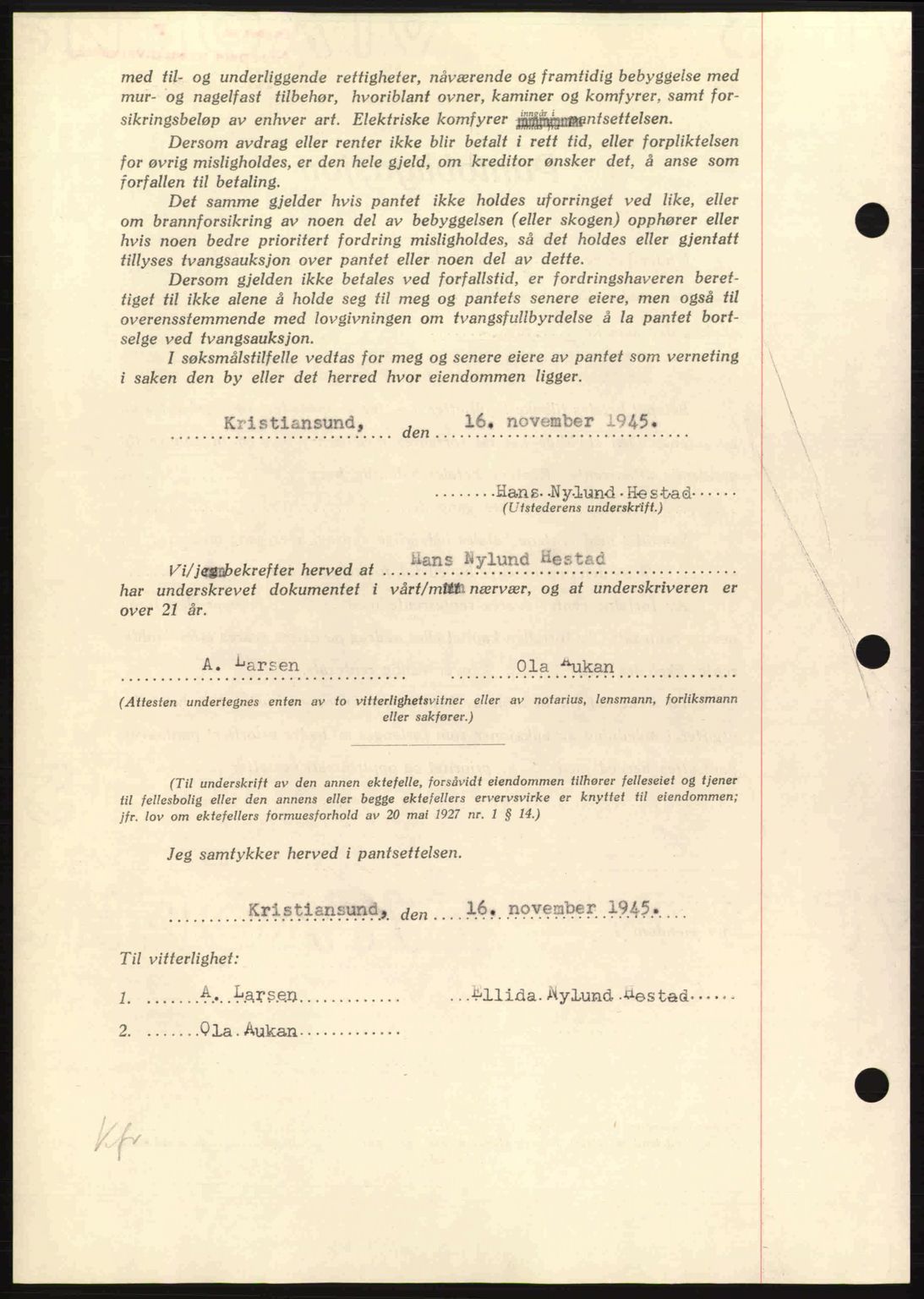 Nordmøre sorenskriveri, AV/SAT-A-4132/1/2/2Ca: Mortgage book no. B93a, 1945-1945, Diary no: : 1513/1945