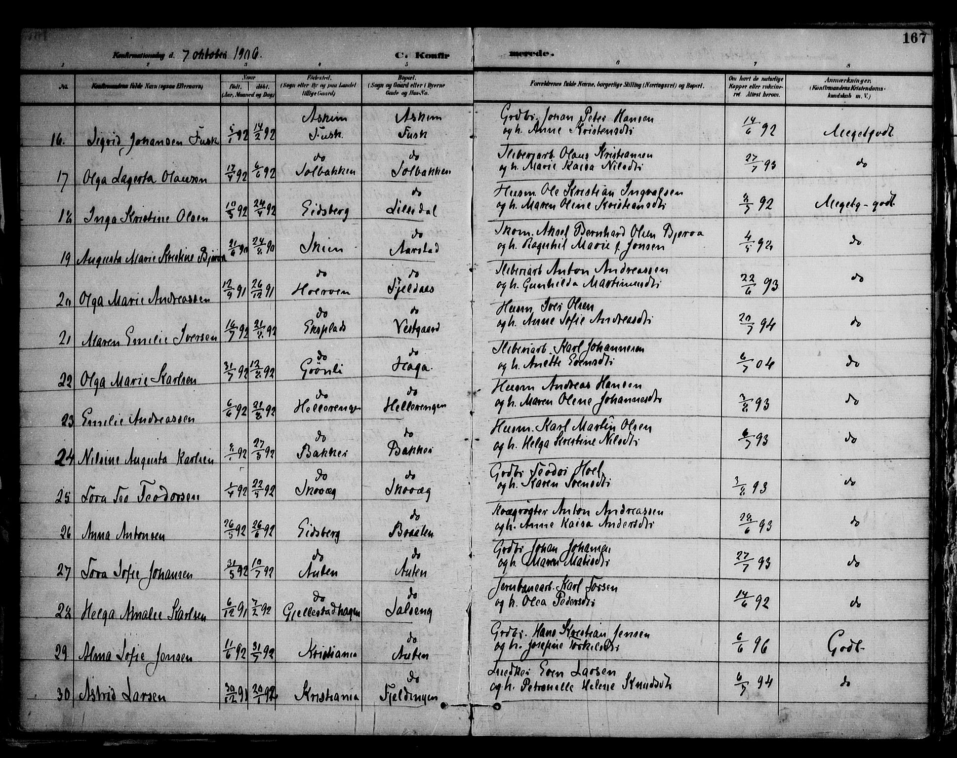 Askim prestekontor Kirkebøker, AV/SAO-A-10900/F/Fa/L0008: Parish register (official) no. 8, 1898-1912, p. 167