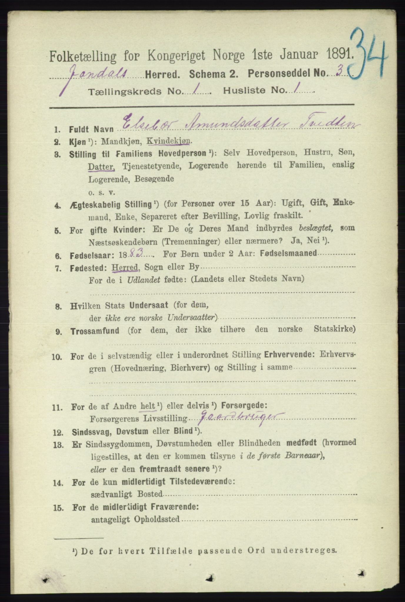 RA, 1891 census for 1227 Jondal, 1891, p. 140