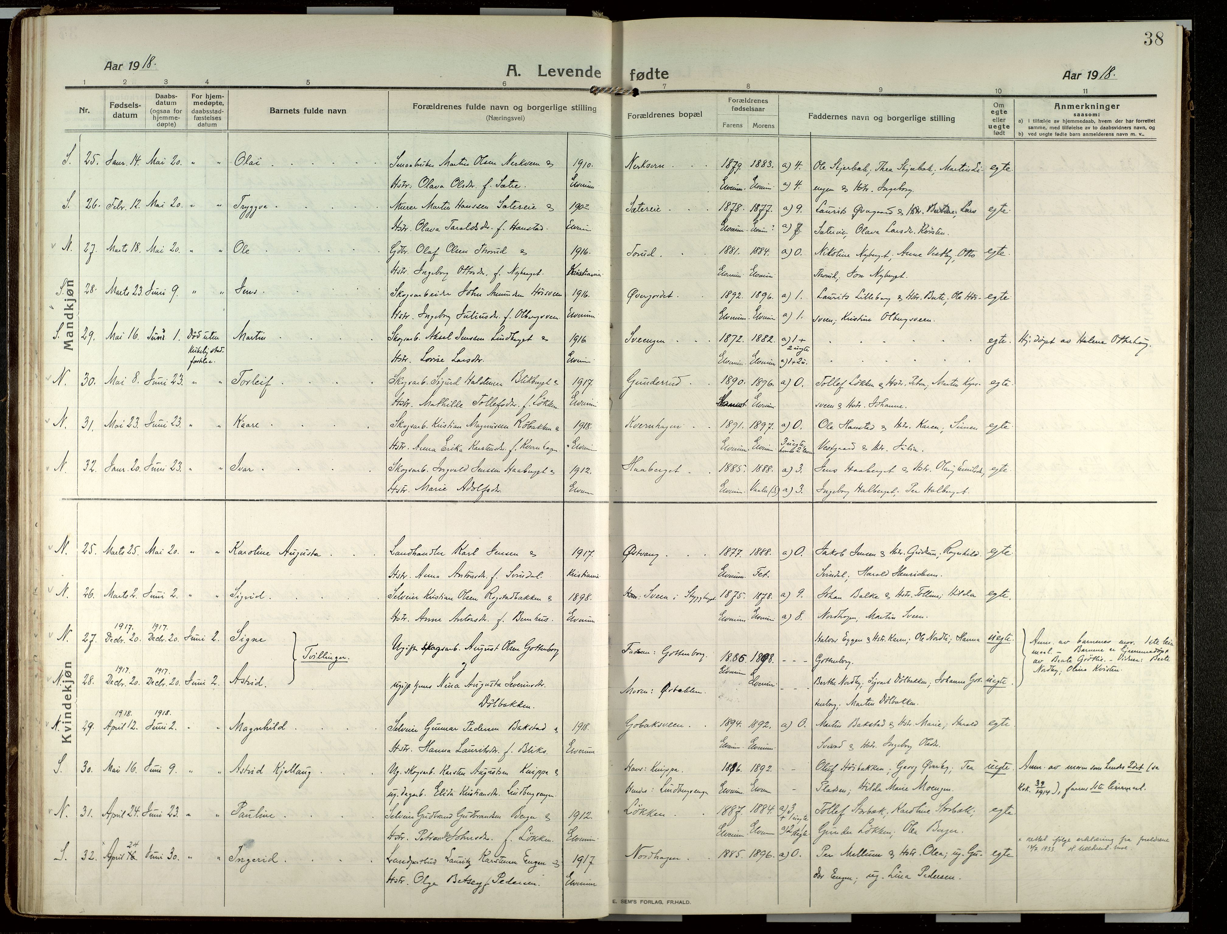 Elverum prestekontor, SAH/PREST-044/H/Ha/Haa/L0022: Parish register (official) no. 22, 1913-1924, p. 38