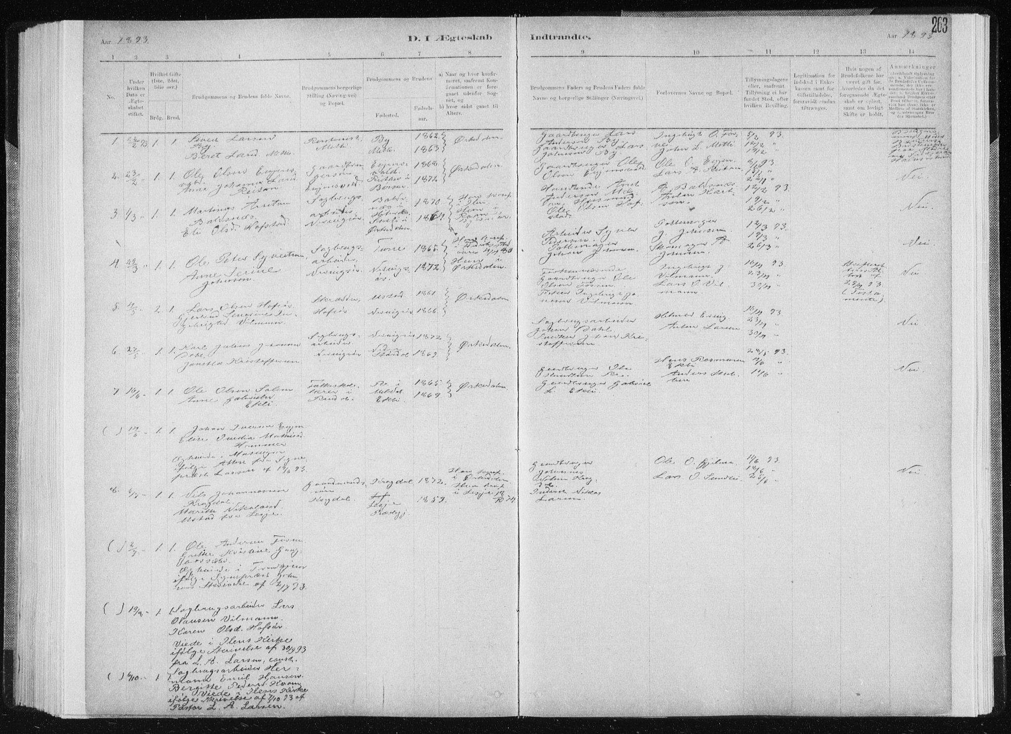 Ministerialprotokoller, klokkerbøker og fødselsregistre - Sør-Trøndelag, SAT/A-1456/668/L0818: Parish register (copy) no. 668C07, 1885-1898, p. 263