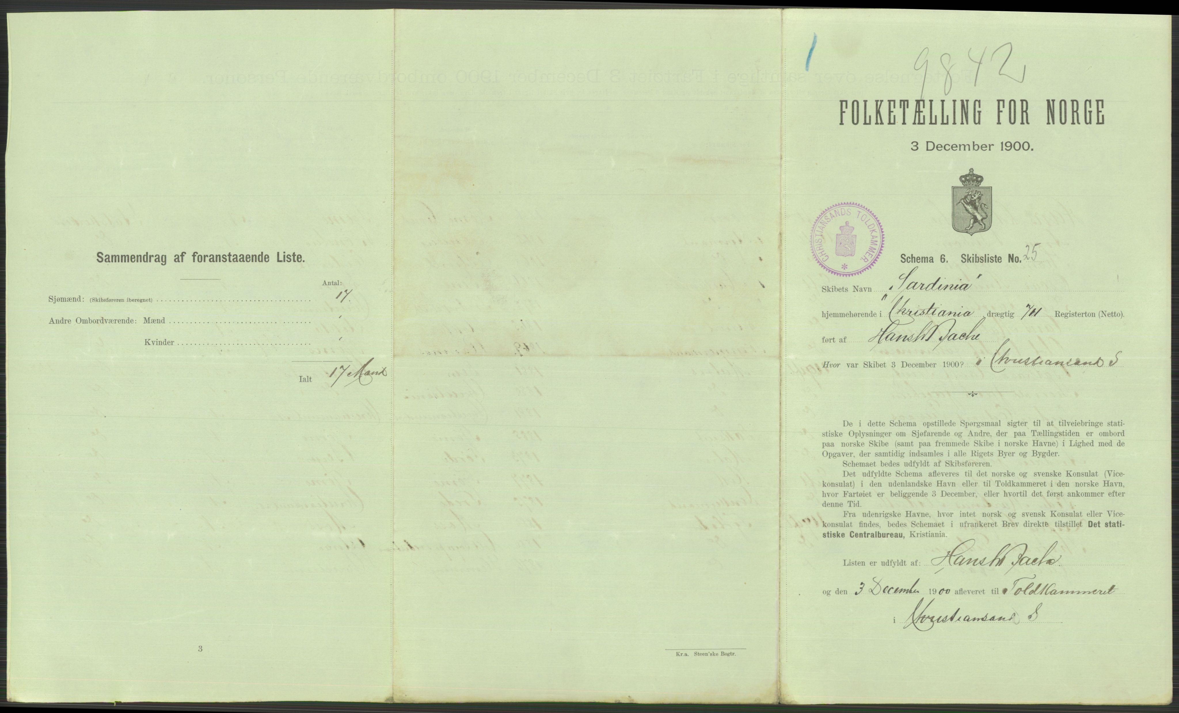 RA, 1900 Census - ship lists from ships in Norwegian harbours, harbours abroad and at sea, 1900, p. 775