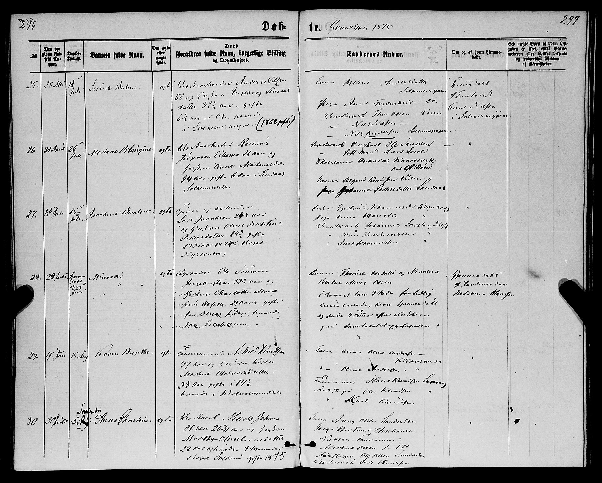 St. Jørgens hospital og Årstad sokneprestembete, AV/SAB-A-99934: Parish register (official) no. A 6, 1870-1878, p. 296-297