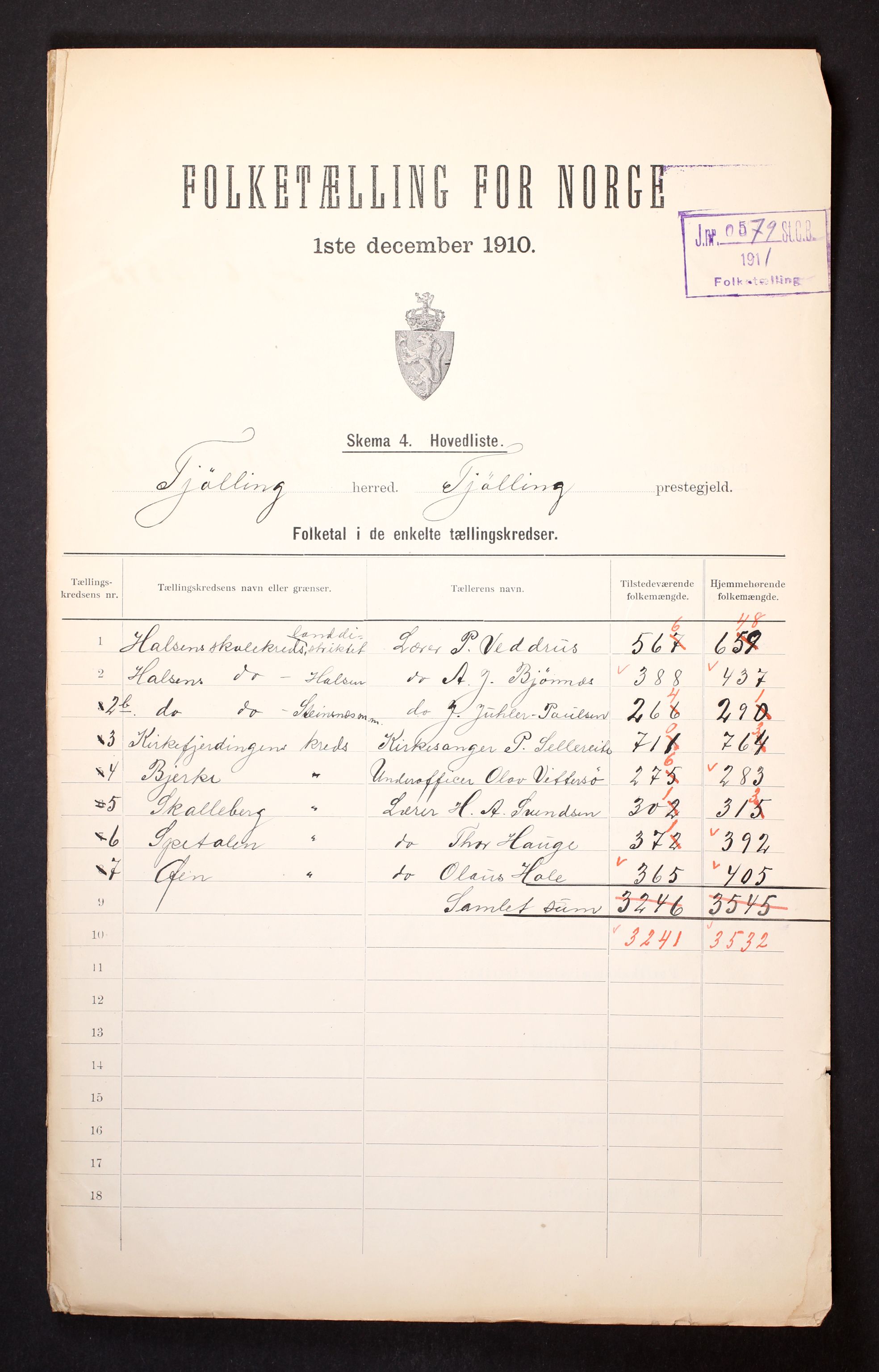 RA, 1910 census for Tjølling, 1910, p. 2