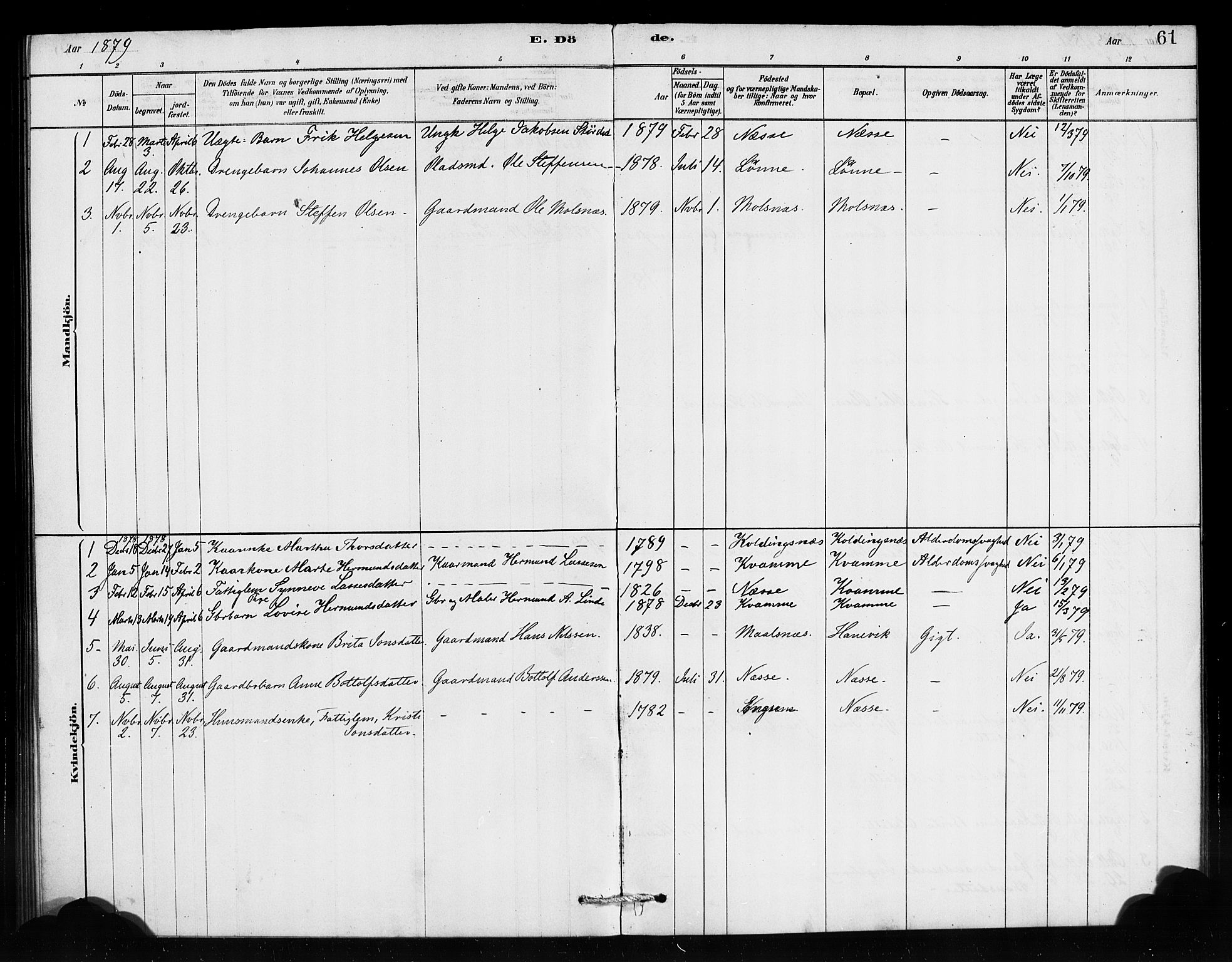 Vik sokneprestembete, AV/SAB-A-81501/H/Haa/Haad/L0001: Parish register (official) no. D 1, 1878-1890, p. 61