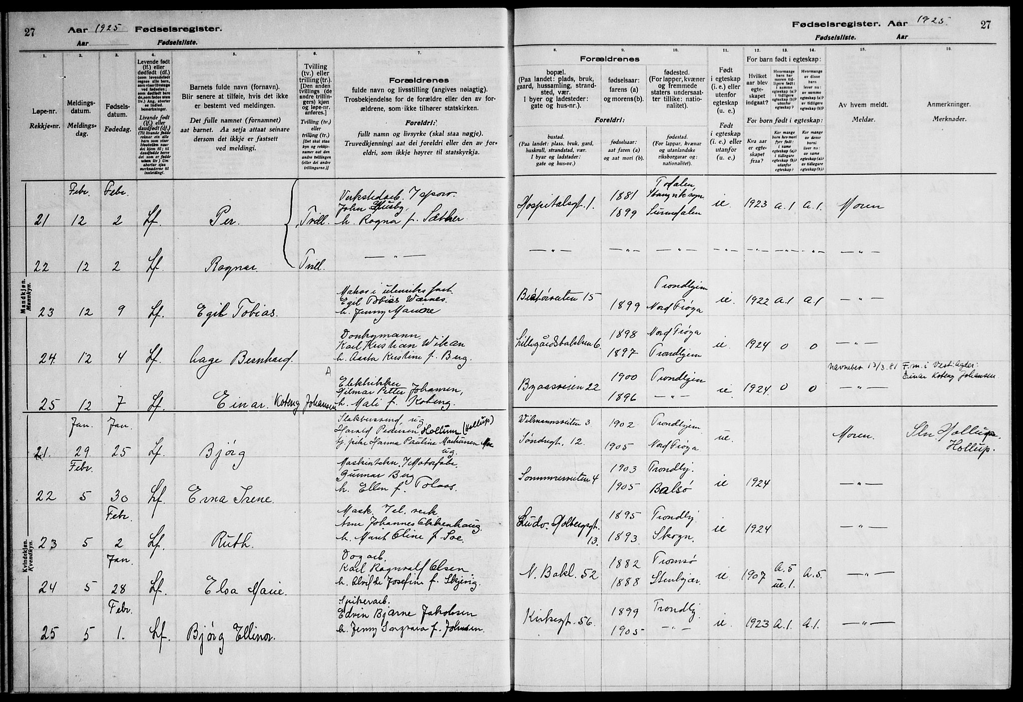 Ministerialprotokoller, klokkerbøker og fødselsregistre - Sør-Trøndelag, AV/SAT-A-1456/600/L0004: Birth register no. 600.II.4.3, 1924-1928, p. 27