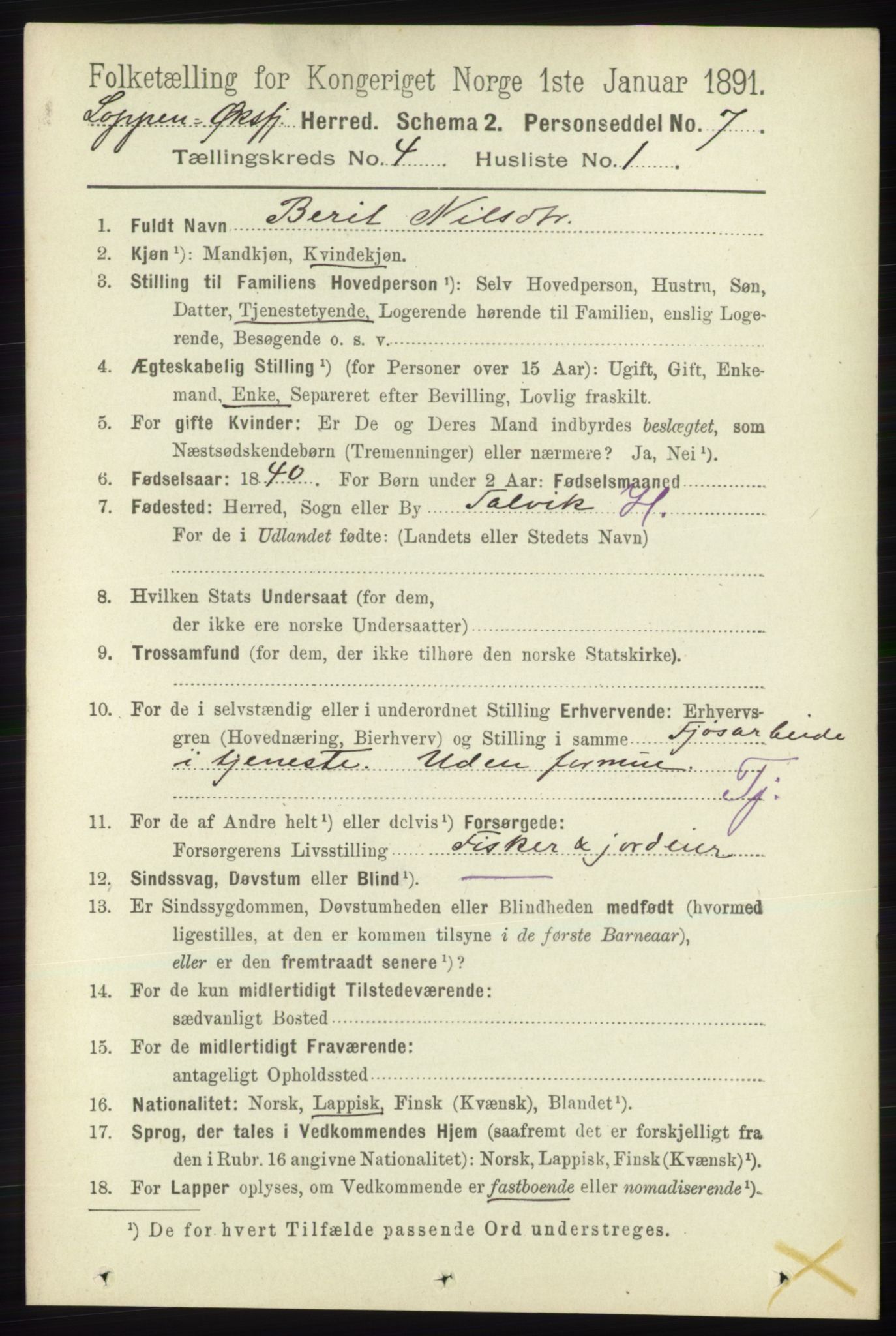 RA, 1891 census for 2014 Loppa, 1891, p. 869