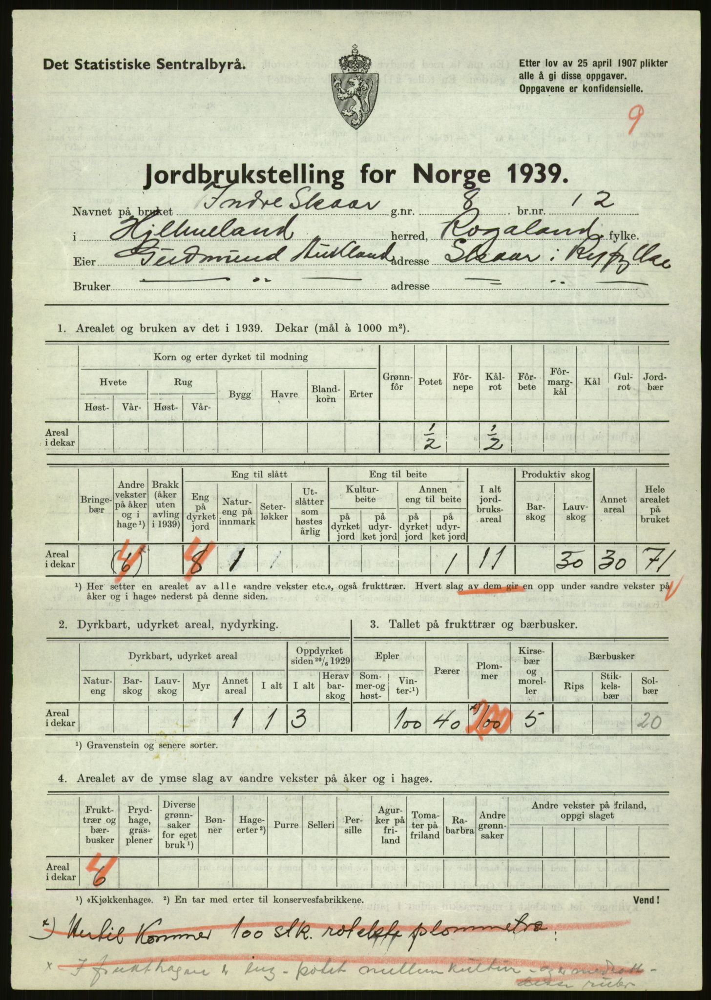 Statistisk sentralbyrå, Næringsøkonomiske emner, Jordbruk, skogbruk, jakt, fiske og fangst, AV/RA-S-2234/G/Gb/L0184: Rogaland: Årdal, Fister og Hjelmeland, 1939, p. 1275