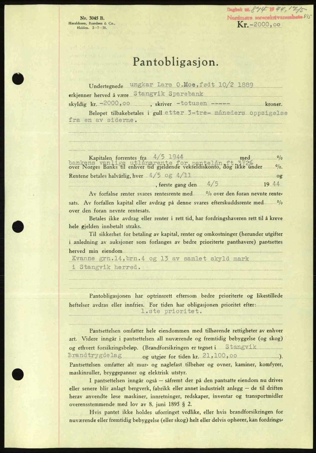 Nordmøre sorenskriveri, AV/SAT-A-4132/1/2/2Ca: Mortgage book no. B91, 1943-1944, Diary no: : 844/1944