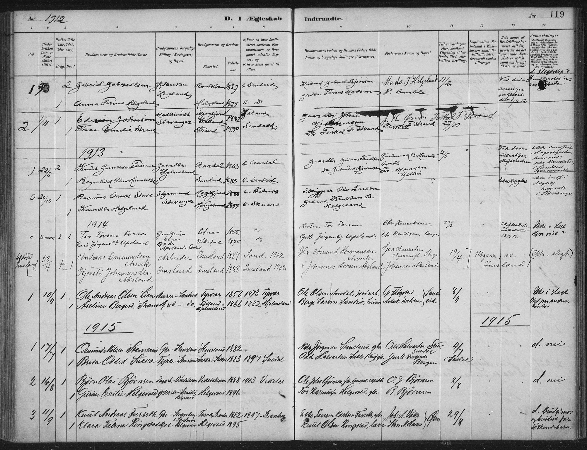 Vikedal sokneprestkontor, AV/SAST-A-101840/01/IV: Parish register (official) no. A 11, 1884-1933, p. 119