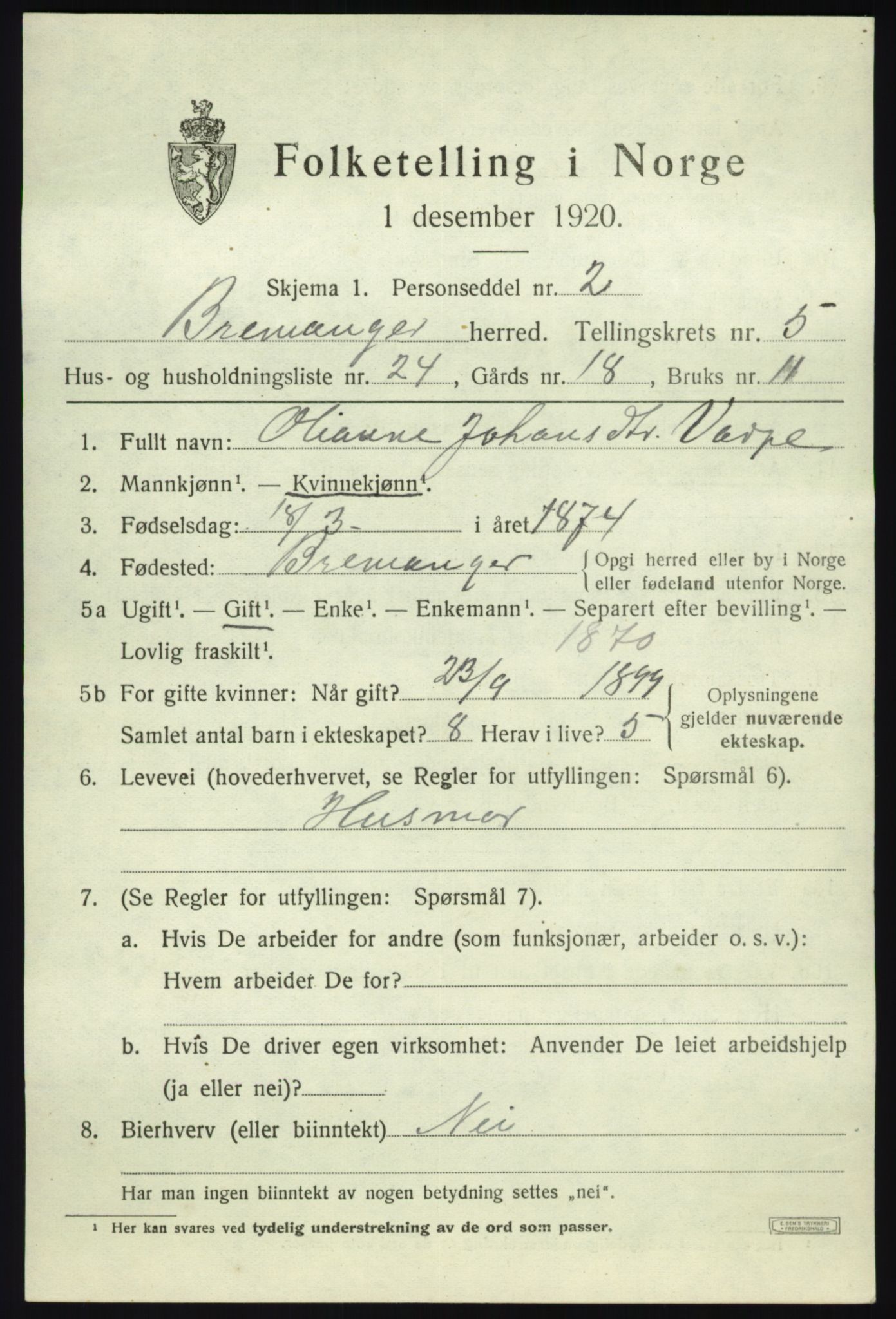 SAB, 1920 census for Bremanger, 1920, p. 3876