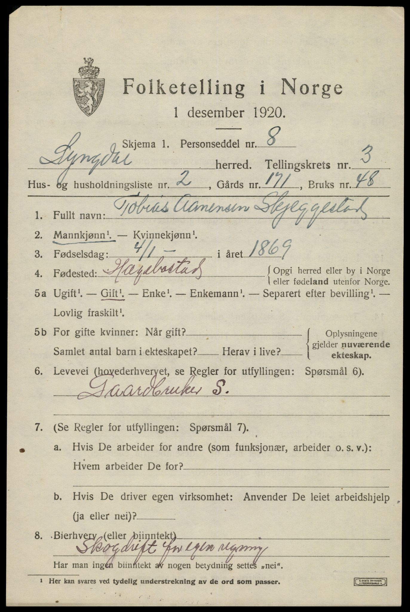 SAK, 1920 census for Lyngdal, 1920, p. 1933