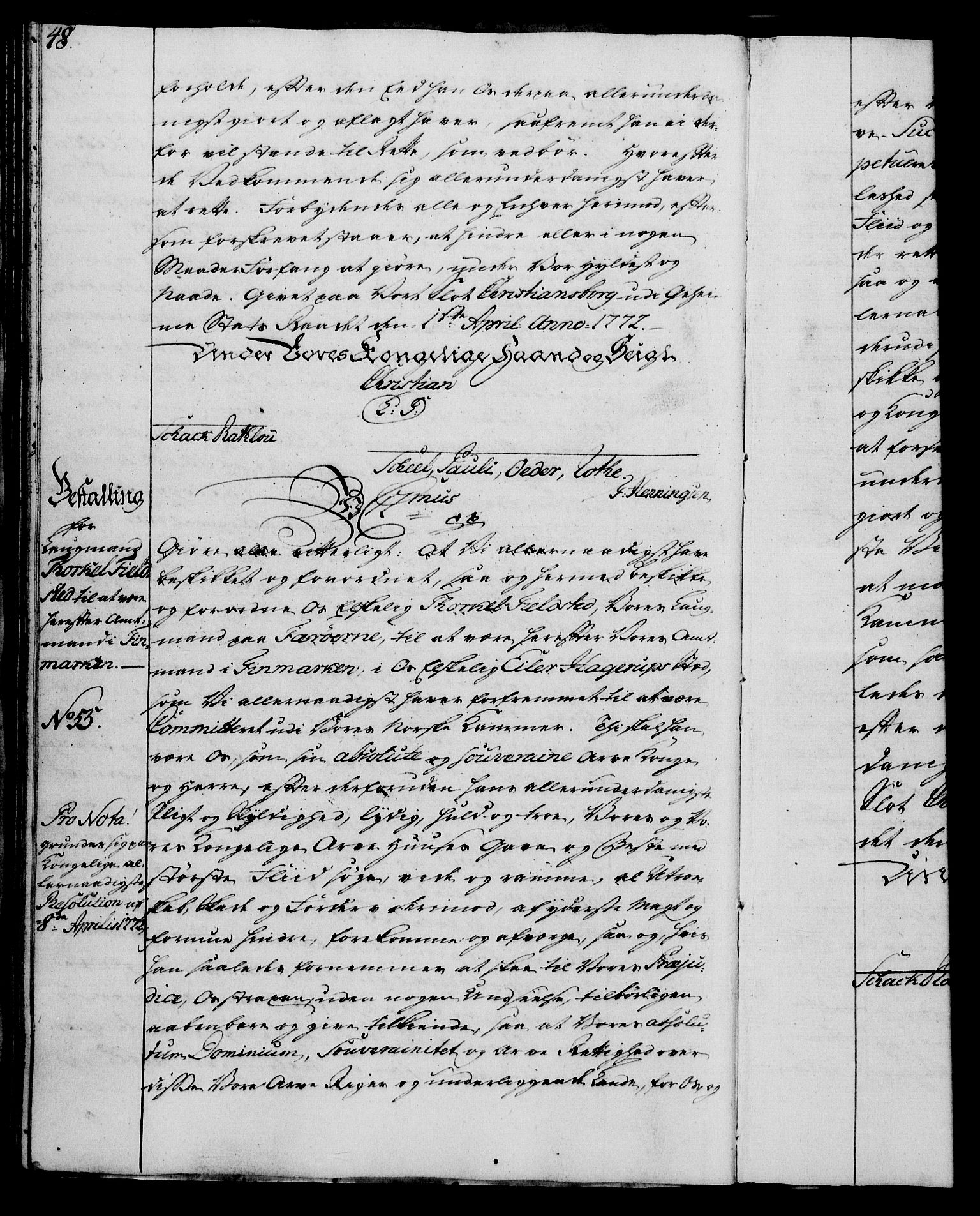 Rentekammeret, Kammerkanselliet, RA/EA-3111/G/Gg/Gge/L0005: Norsk bestallingsprotokoll med register (merket RK 53.29), 1771-1773, p. 48