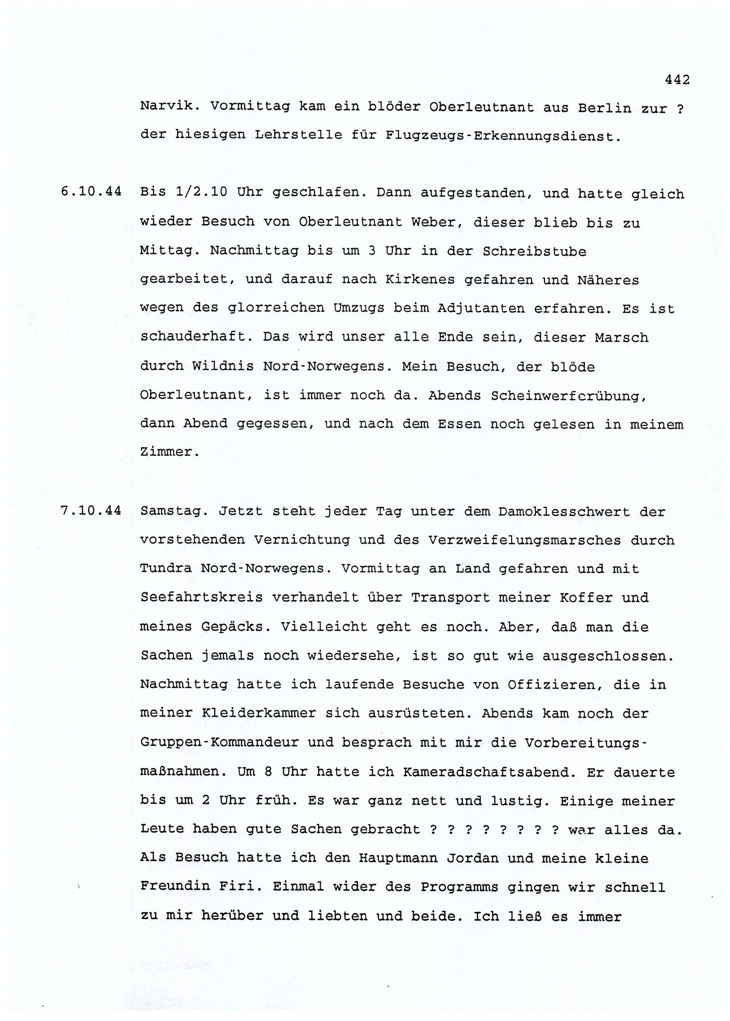 Dagbokopptegnelser av en tysk marineoffiser stasjonert i Norge , FMFB/A-1160/F/L0001: Dagbokopptegnelser av en tysk marineoffiser stasjonert i Norge, 1941-1944, p. 442
