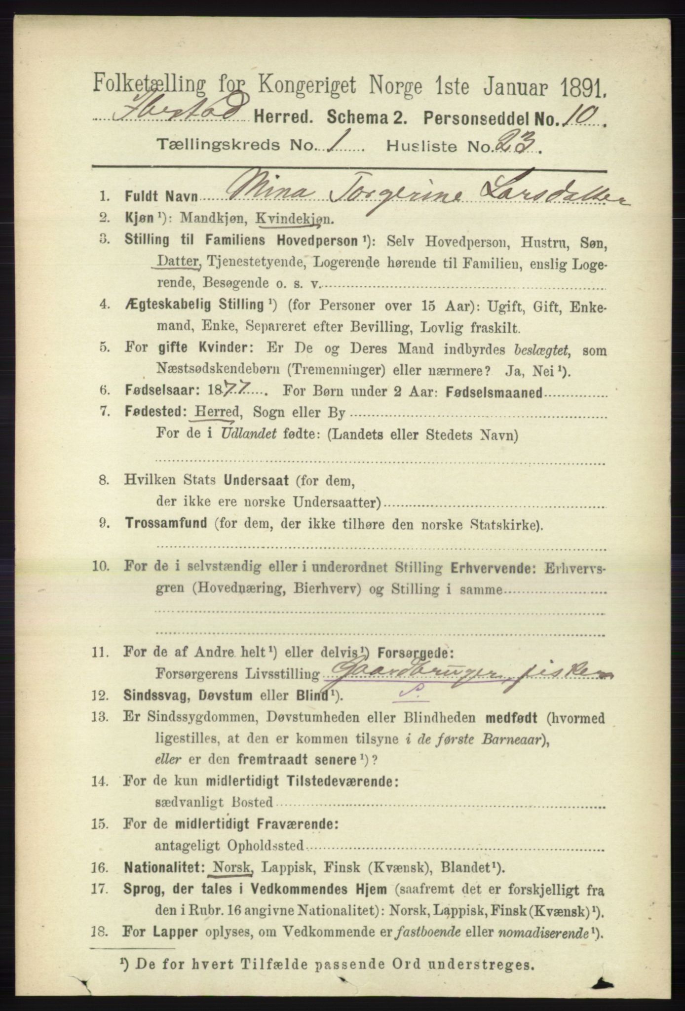 RA, 1891 census for 1917 Ibestad, 1891, p. 291