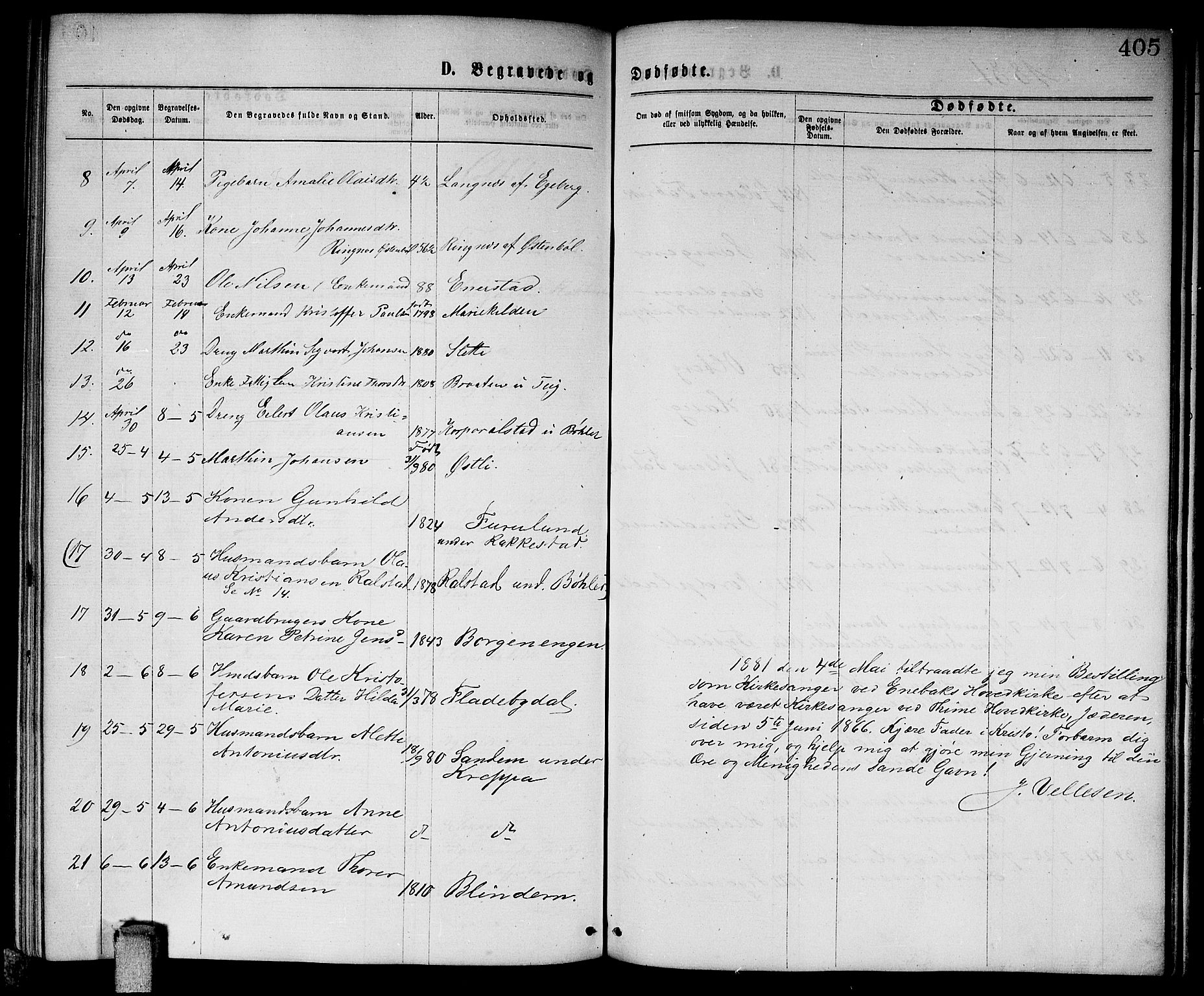 Enebakk prestekontor Kirkebøker, AV/SAO-A-10171c/G/Ga/L0005: Parish register (copy) no. I 5, 1867-1888, p. 405