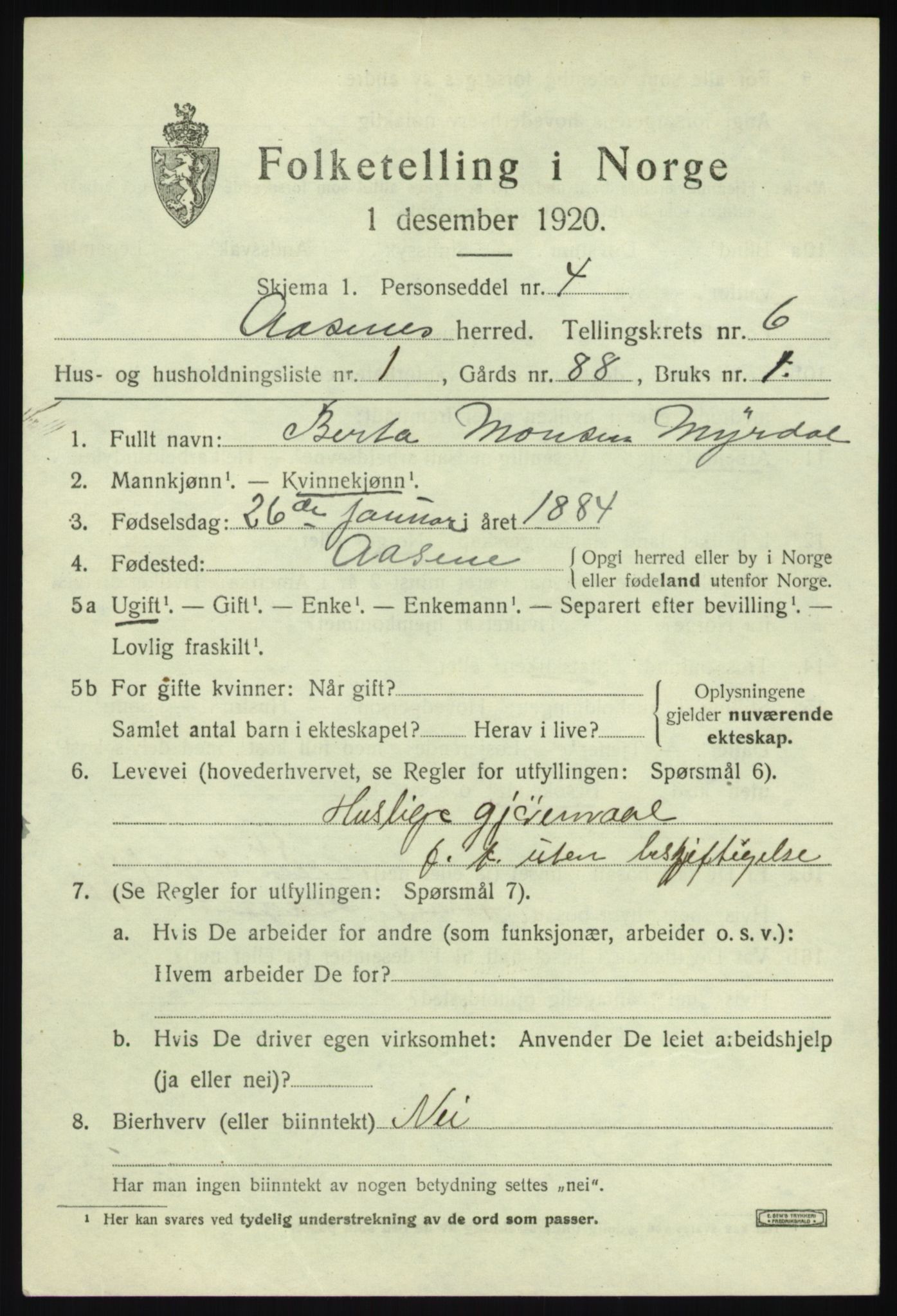 SAB, 1920 census for Åsane, 1920, p. 4099