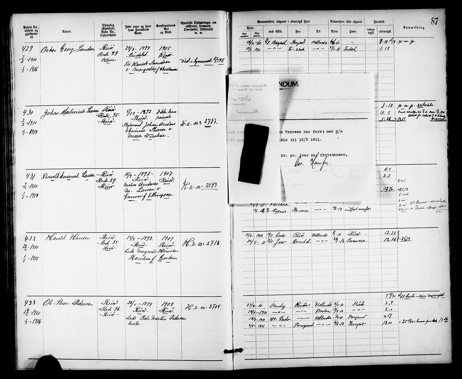 Risør mønstringskrets, AV/SAK-2031-0010/F/Fa/L0004: Annotasjonsrulle nr 1914-1915 og nr 1-477, T-8, 1899-1911, p. 95