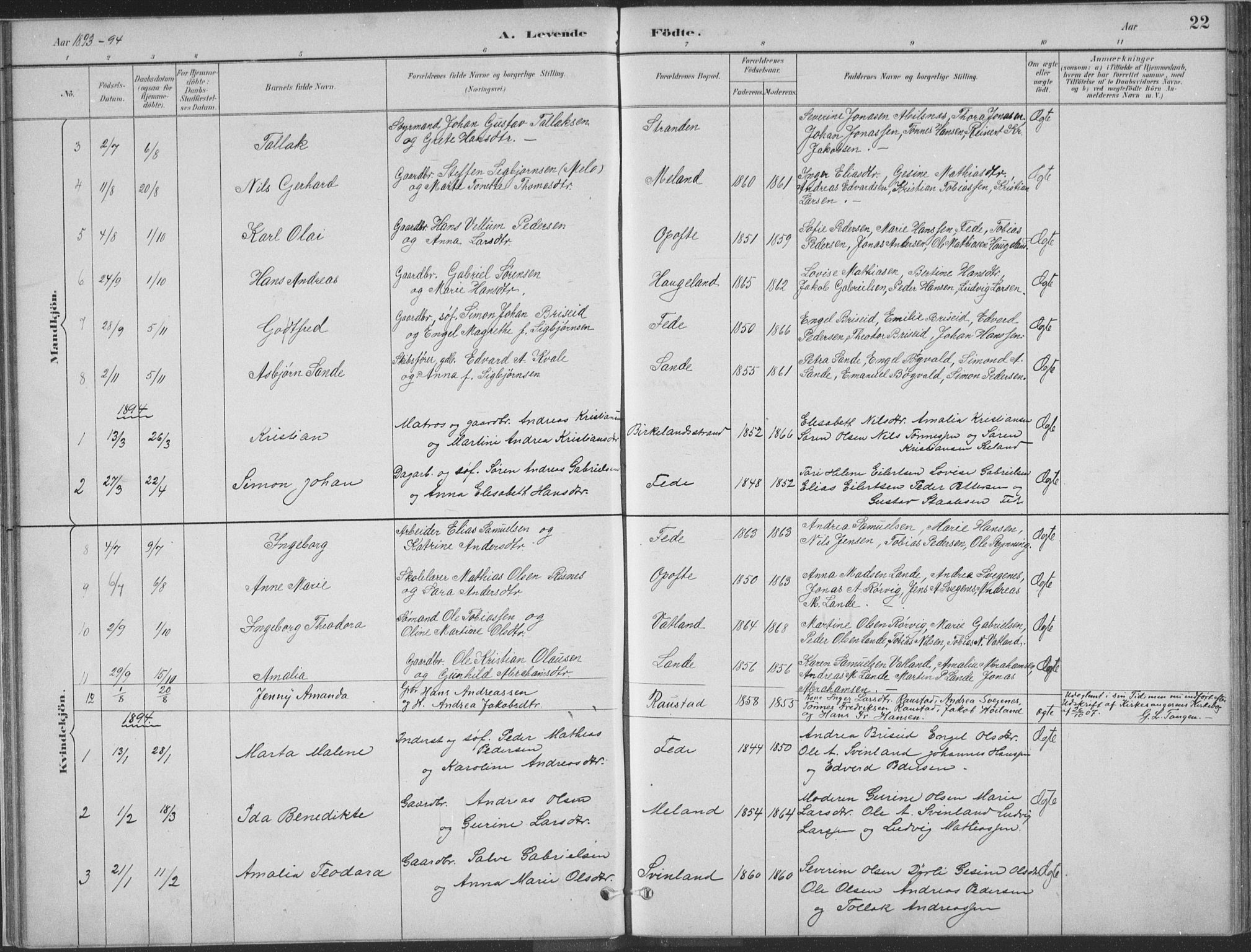 Kvinesdal sokneprestkontor, SAK/1111-0026/F/Fa/Faa/L0004: Parish register (official) no. A 4, 1882-1897, p. 22