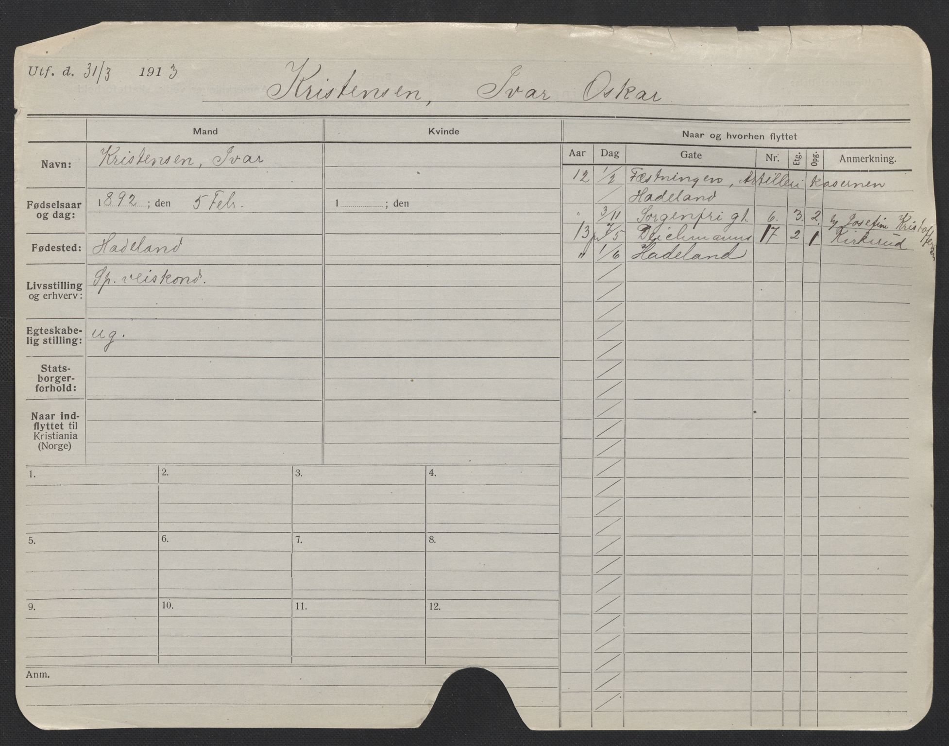 Oslo folkeregister, Registerkort, AV/SAO-A-11715/F/Fa/Fac/L0006: Menn, 1906-1914, p. 555a